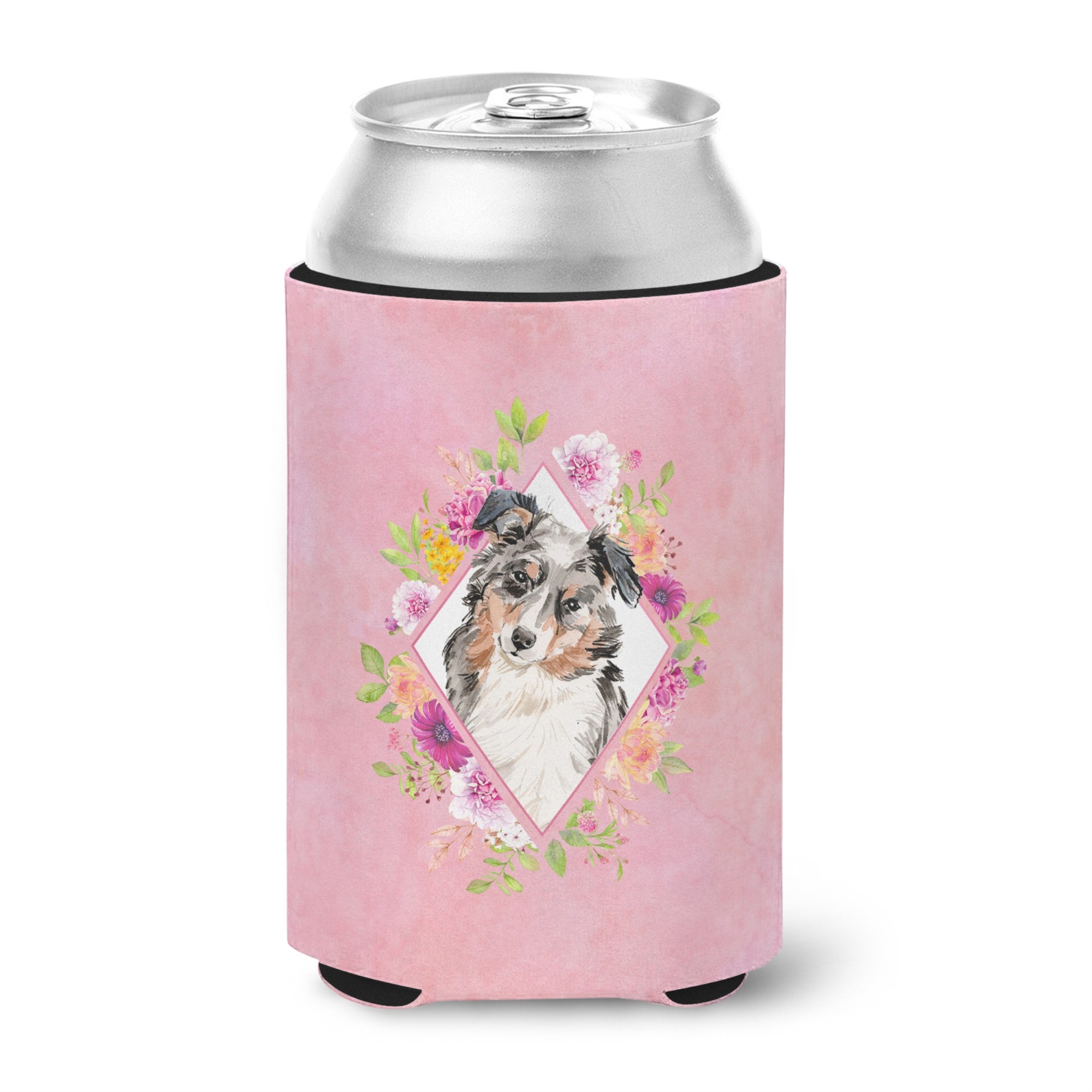 Australian Shepherd Pink Flowers Can Or Bottle Hugger