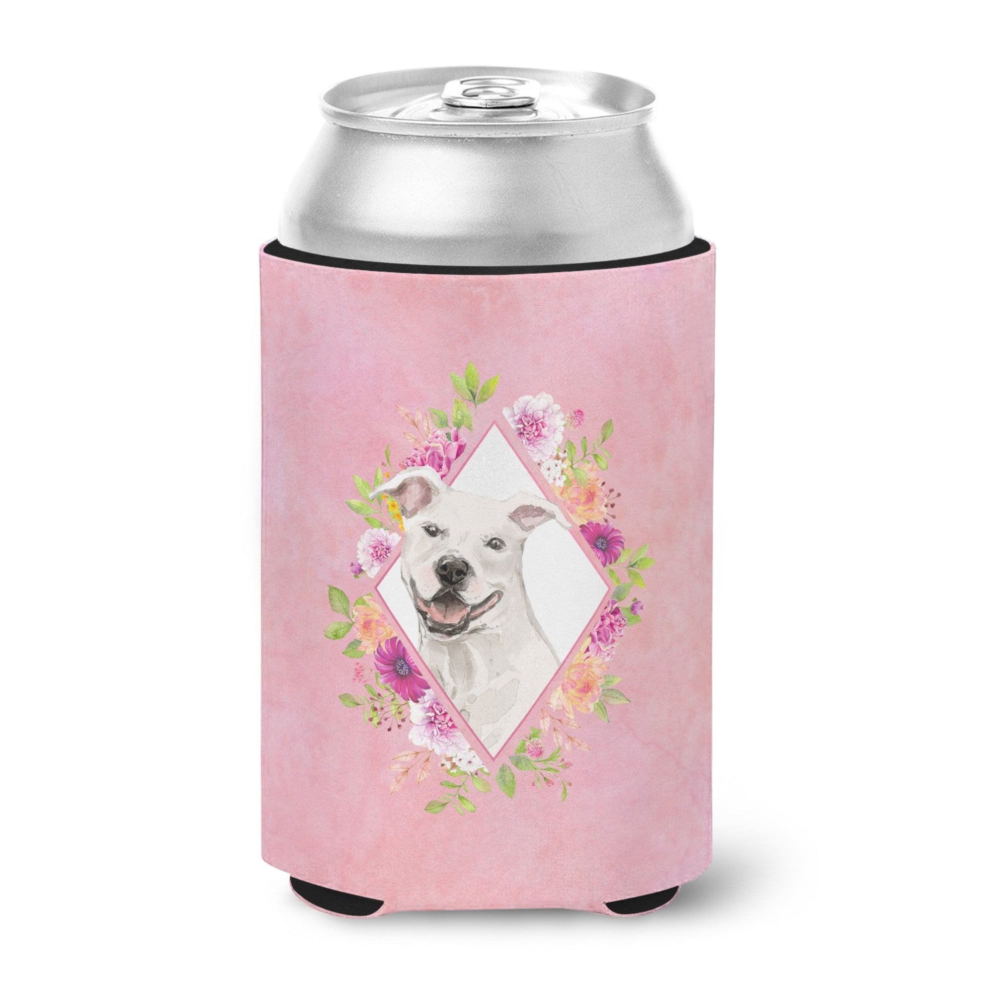 White Pit Bull Terrier Pink Flowers Can Or Bottle Hugger