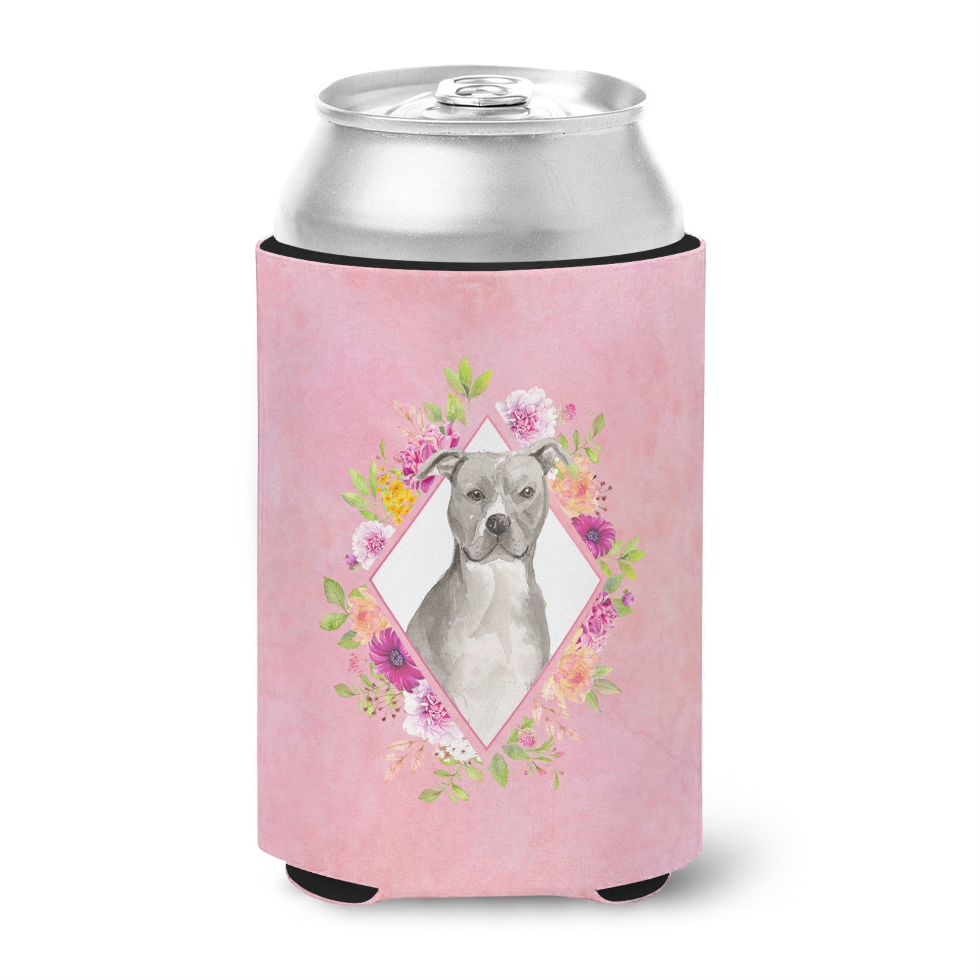 Blue Pit Bull Terrier Pink Flowers Can Or Bottle Hugger