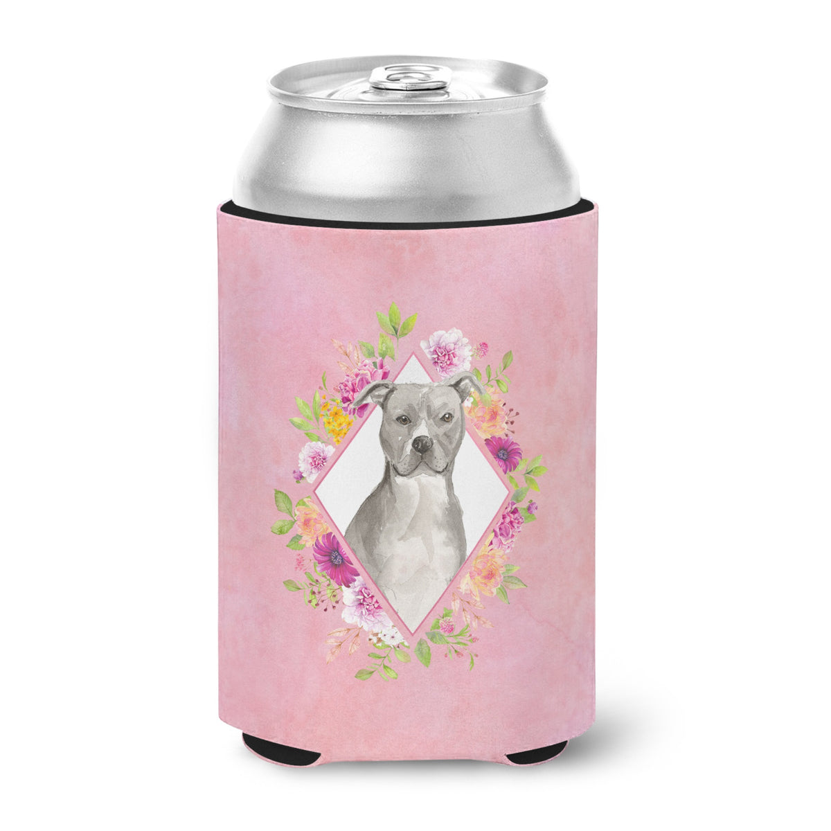 Blue Pit Bull Terrier Pink Flowers Can Or Bottle Hugger