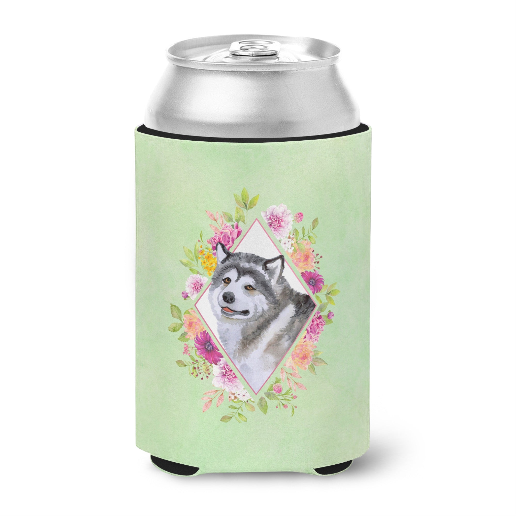 Alaskan Malamute Green Flowers Can Or Bottle Hugger