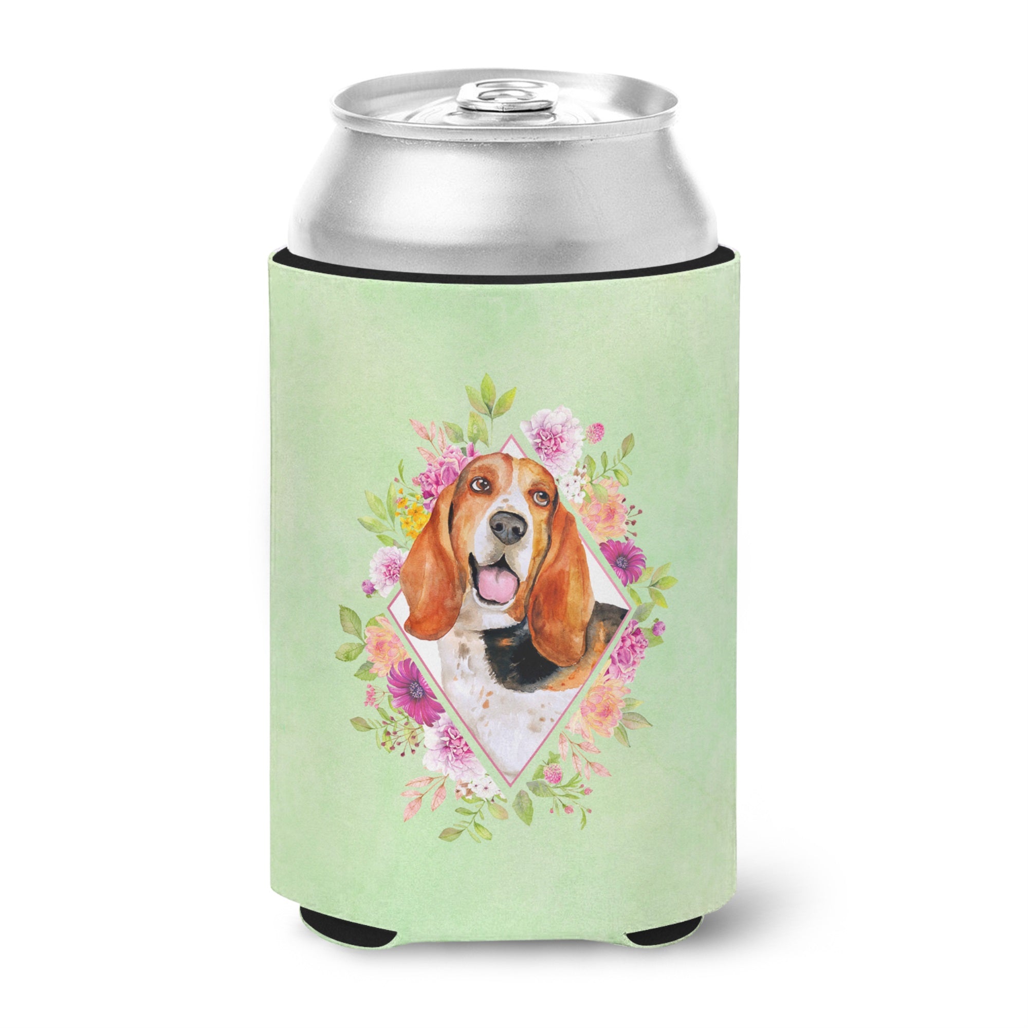 Basset Hound Green Flowers Can Or Bottle Hugger