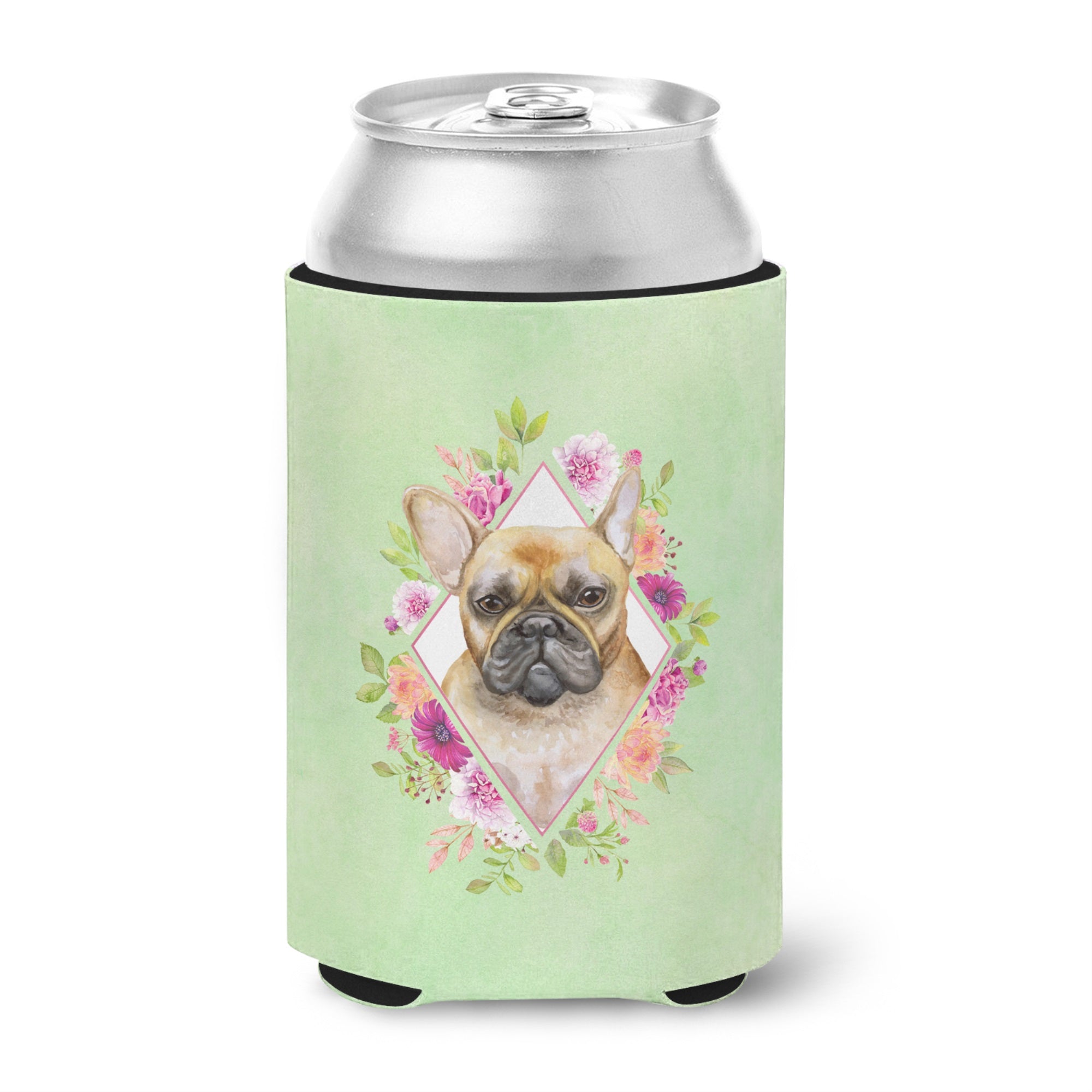 Fawn French Bulldog Green Flowers Can Or Bottle Hugger