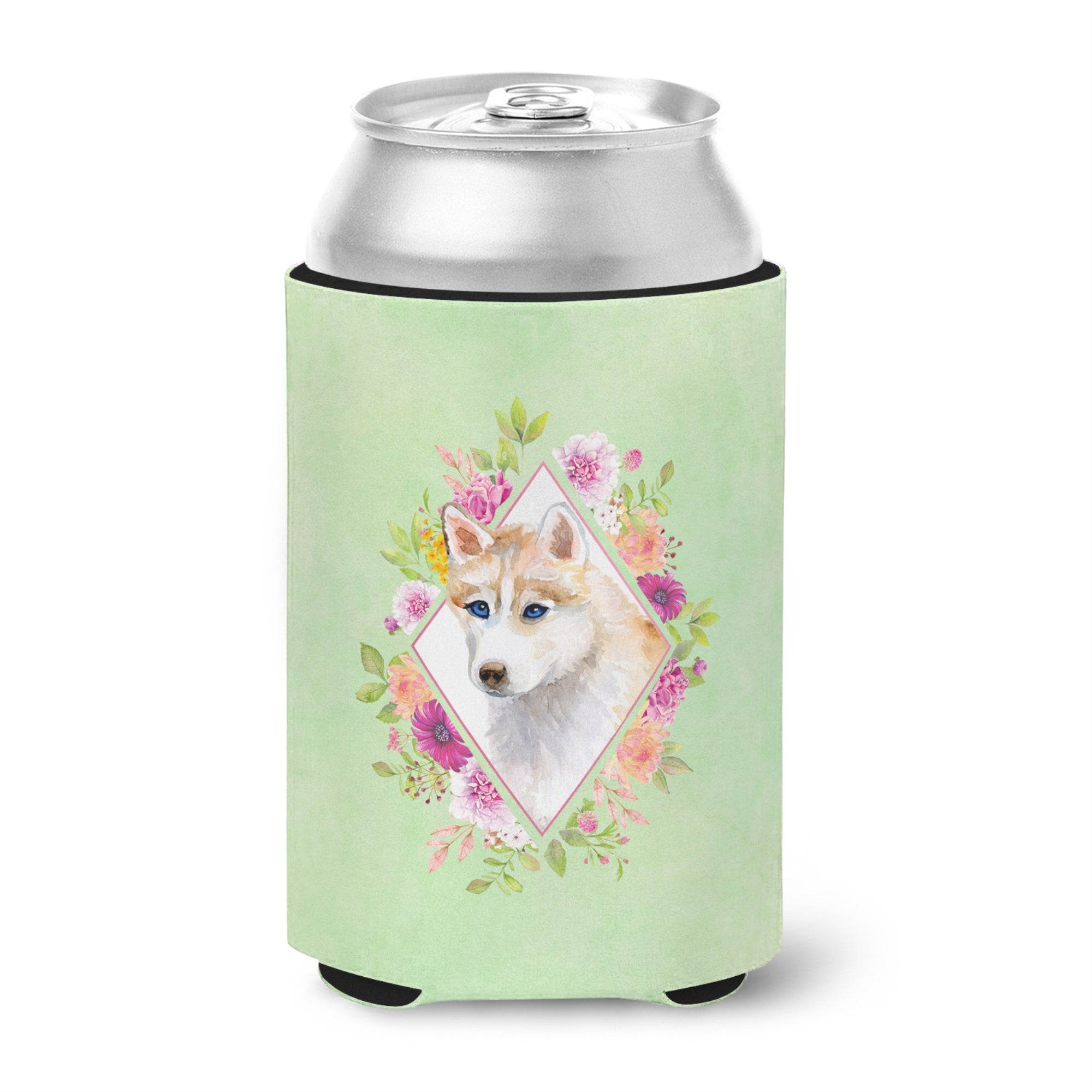 Red Siberian Husky Green Flowers Can Or Bottle Hugger