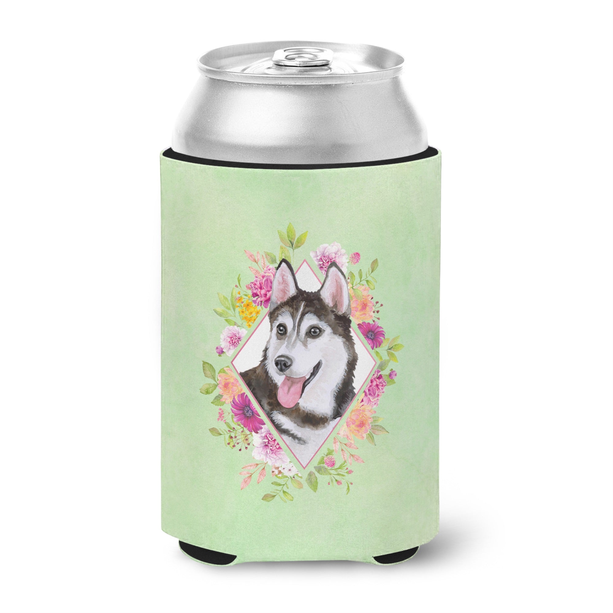 Siberian Husky #1 Green Flowers Can Or Bottle Hugger