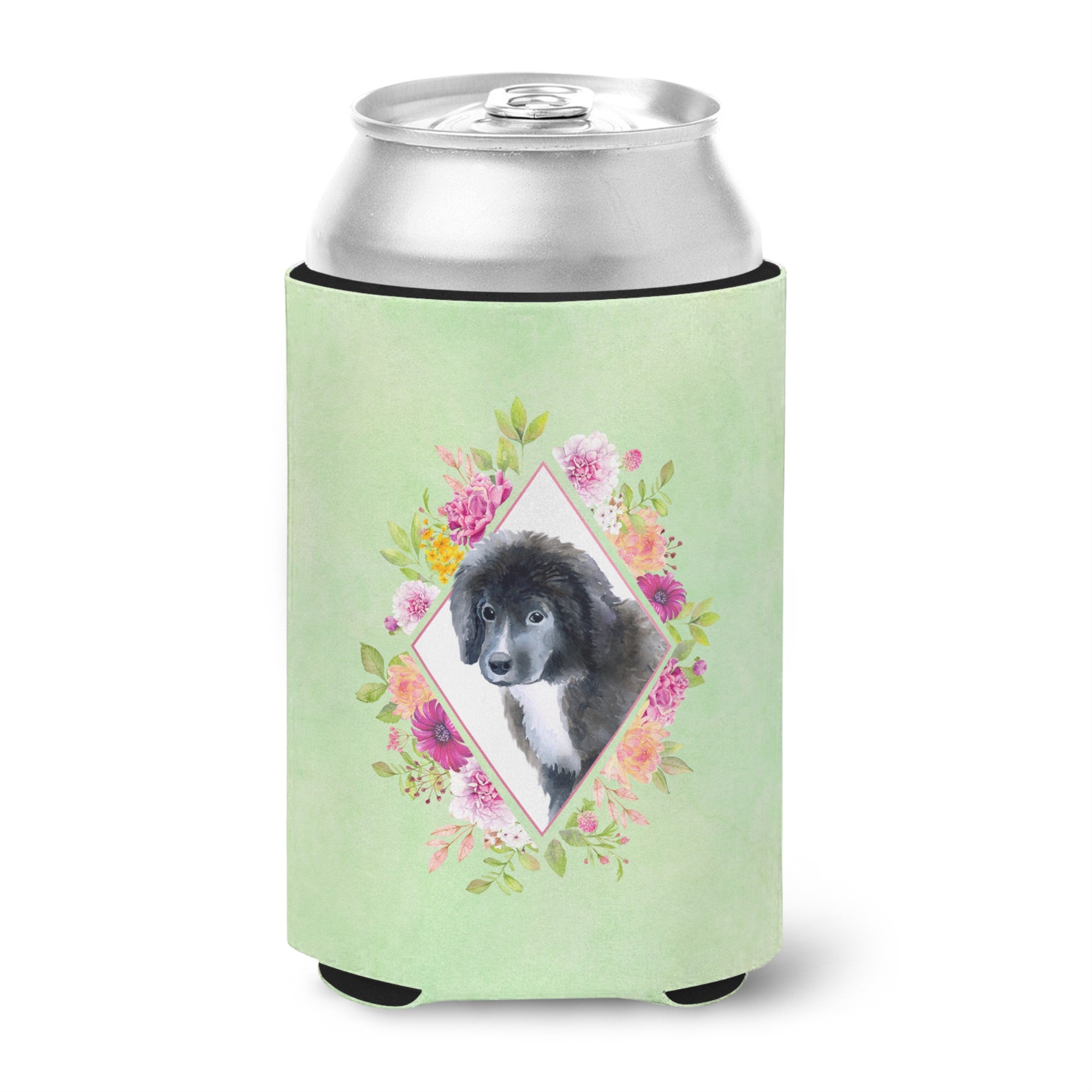 Newfoundland Puppy Green Flowers Can Or Bottle Hugger