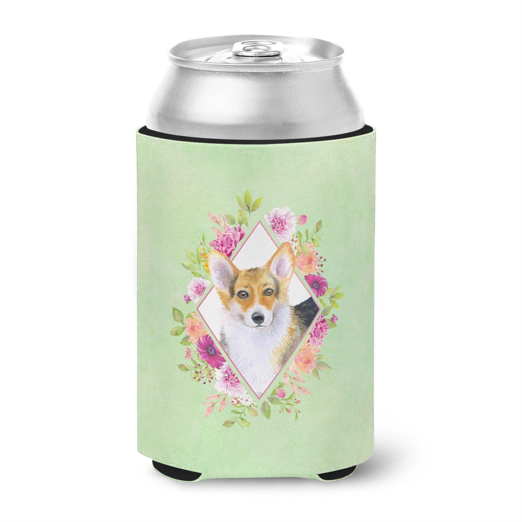 Corgi Green Flowers Can Or Bottle Hugger