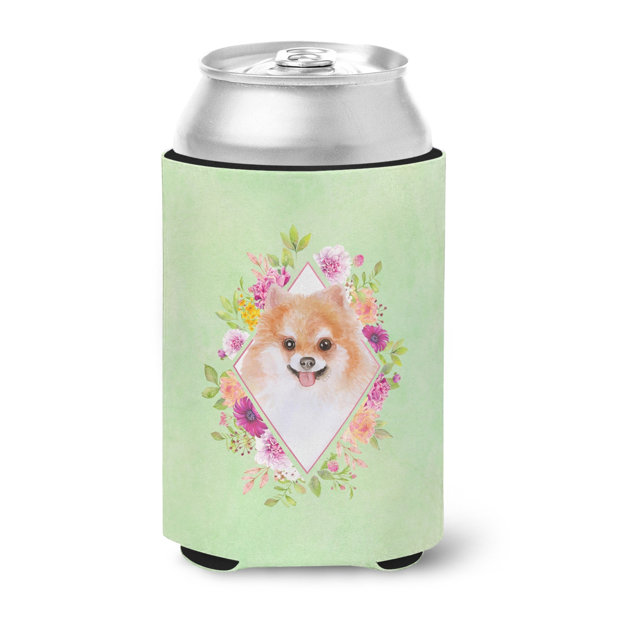 Pomeranian #1 Green Flowers Can Or Bottle Hugger