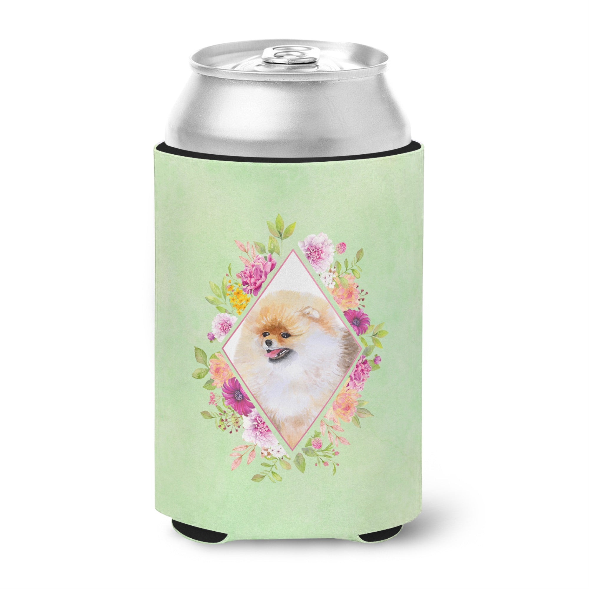 Pomeranian #2 Green Flowers Can Or Bottle Hugger