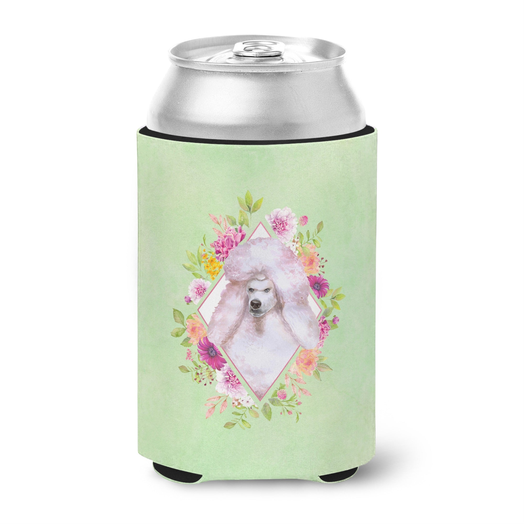 Standard White Poodle Green Flowers Can Or Bottle Hugger