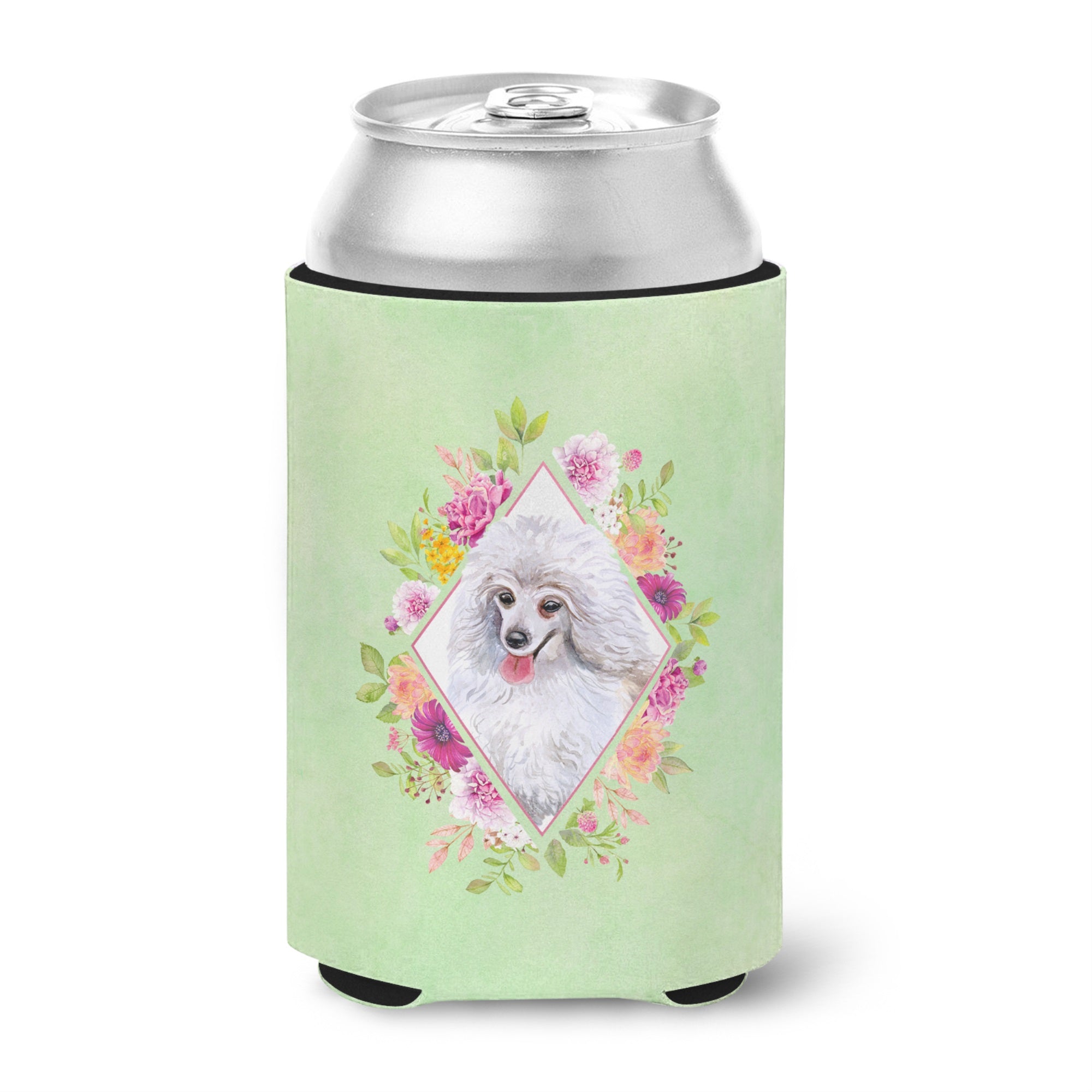 White Mini Poodle Green Flowers Can Or Bottle Hugger