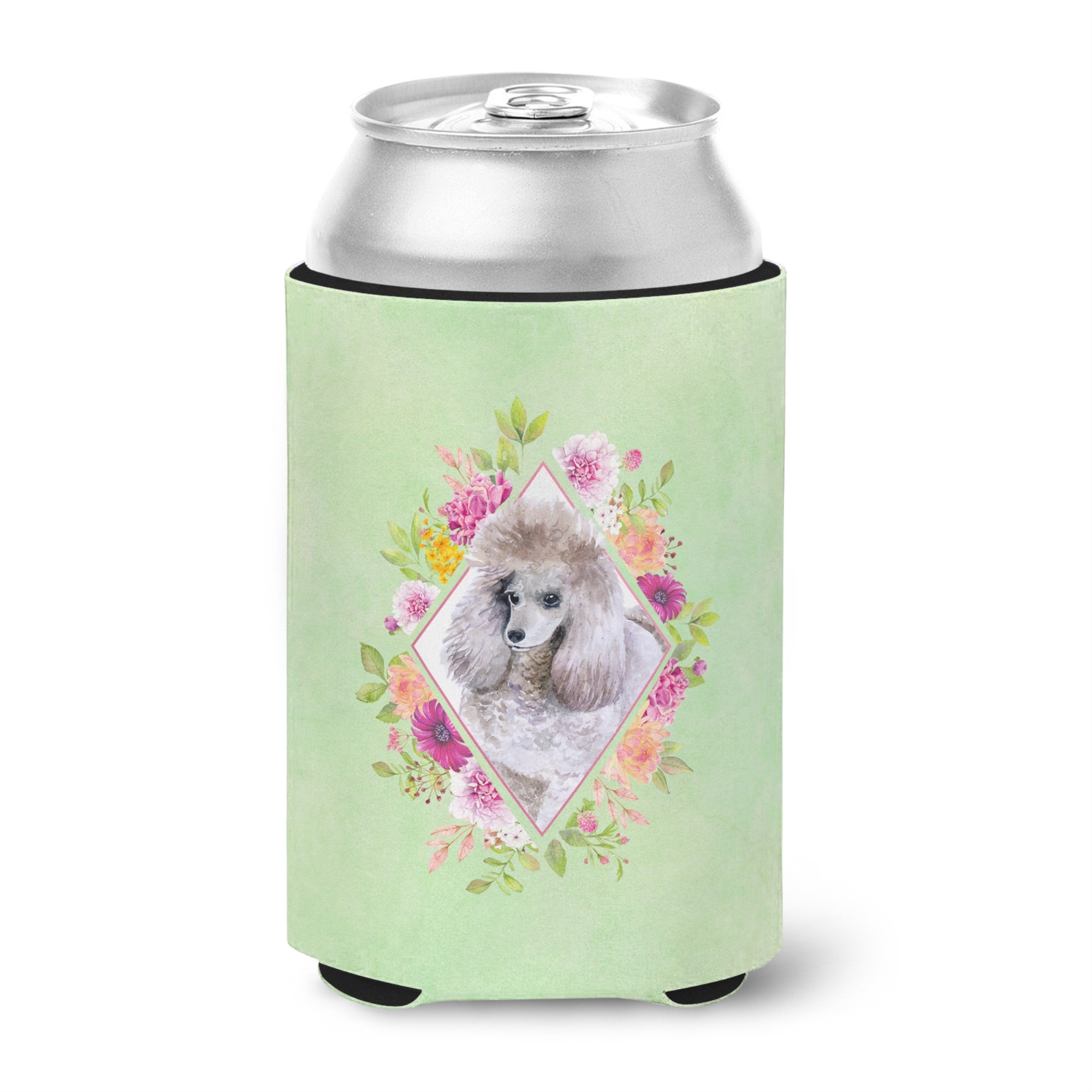 Standard Grey Poodle Green Flowers Can Or Bottle Hugger