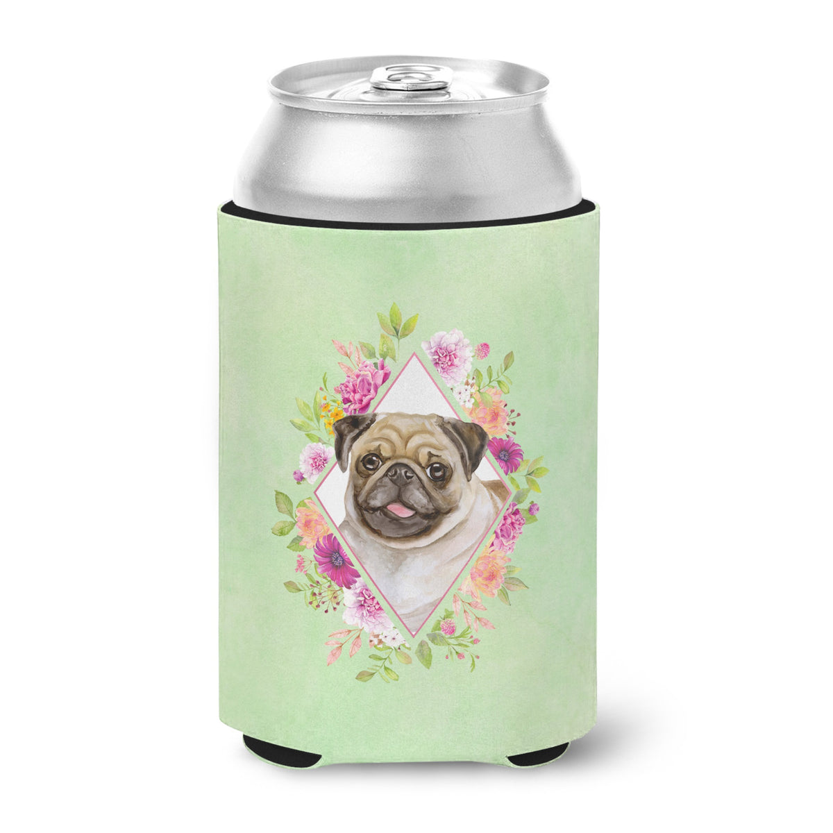 Fawn Pug Green Flowers Can Or Bottle Hugger