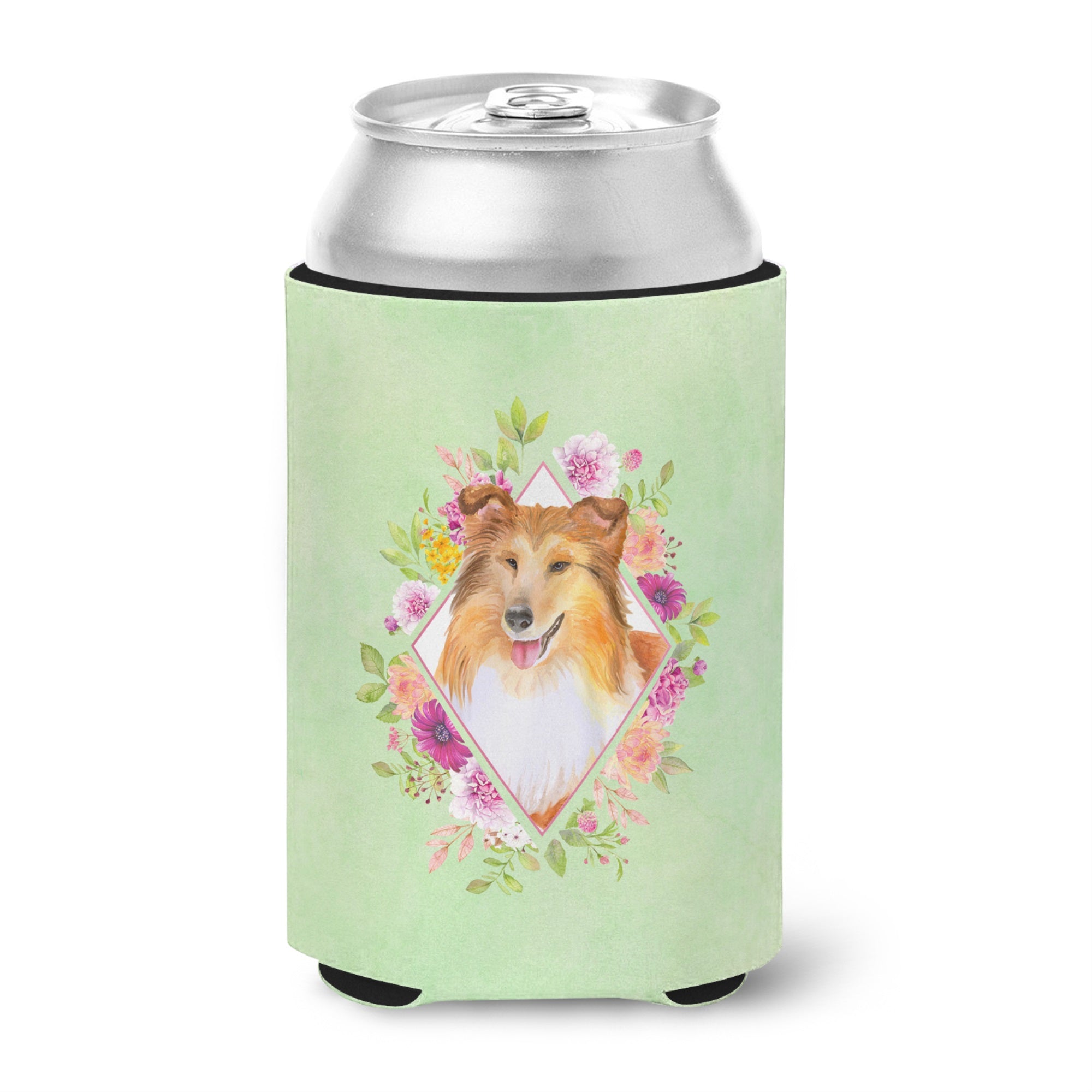 Sheltie Shetland Sheepdog Green Flowers Can Or Bottle Hugger