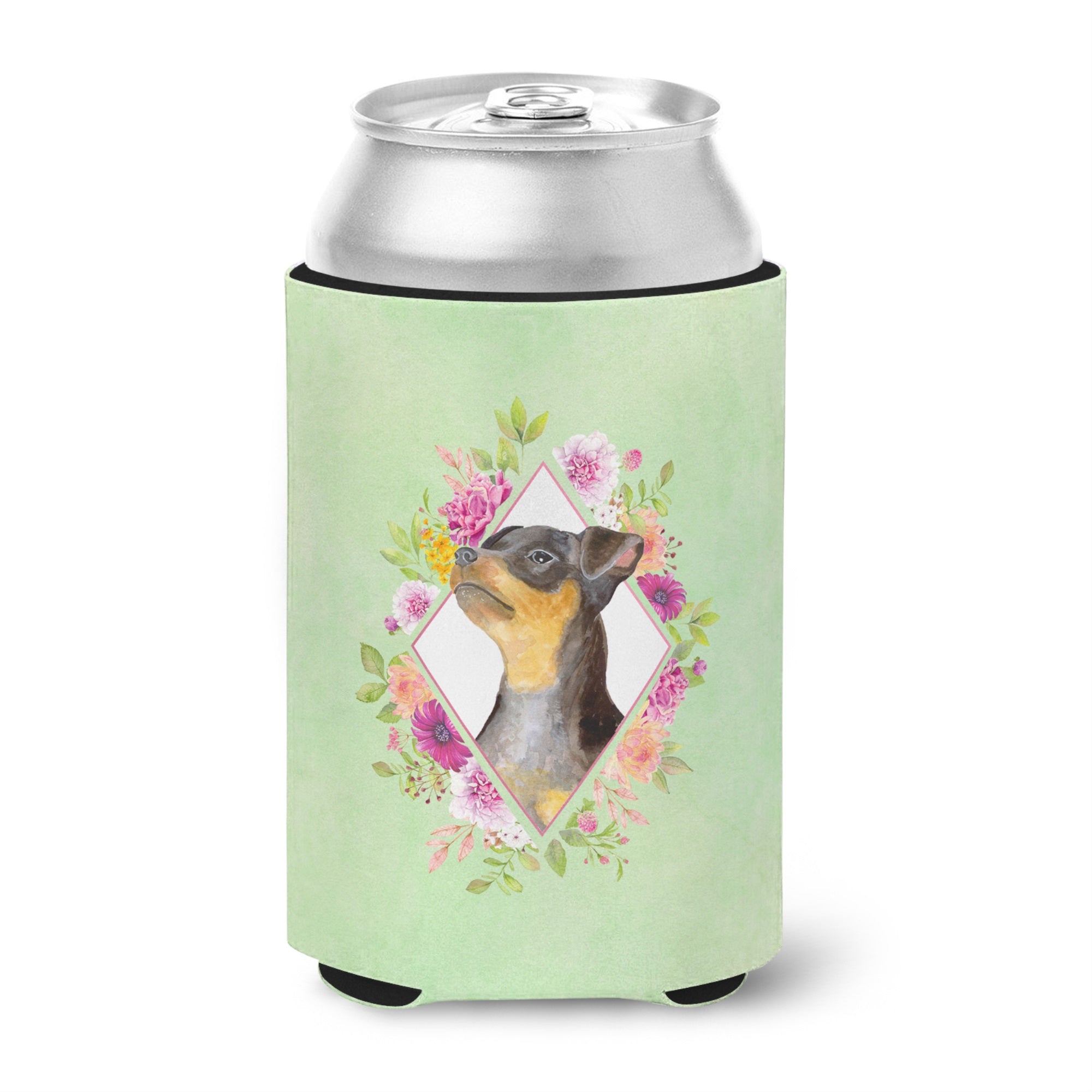 Black Miniature Pinscher Green Flowers Can Or Bottle Hugger