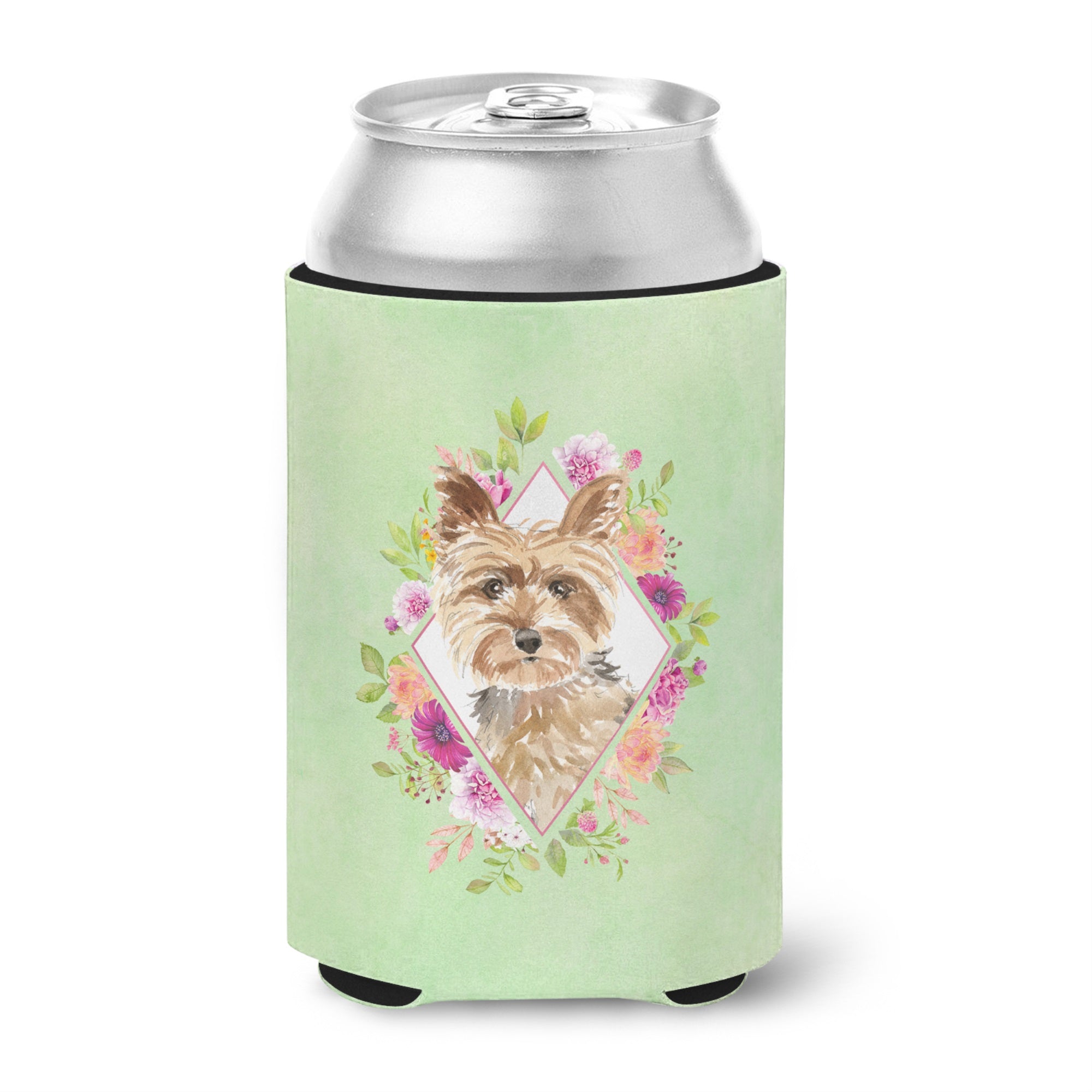 Yorkie Green Flowers Can Or Bottle Hugger