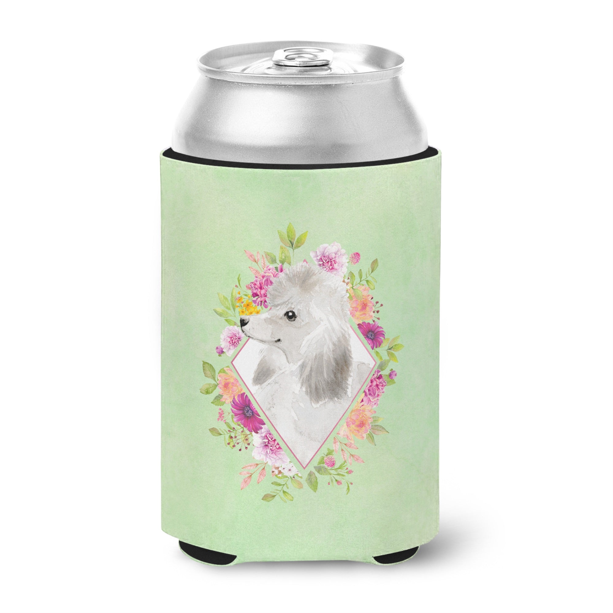 White Standard Poodle Green Flowers Can Or Bottle Hugger