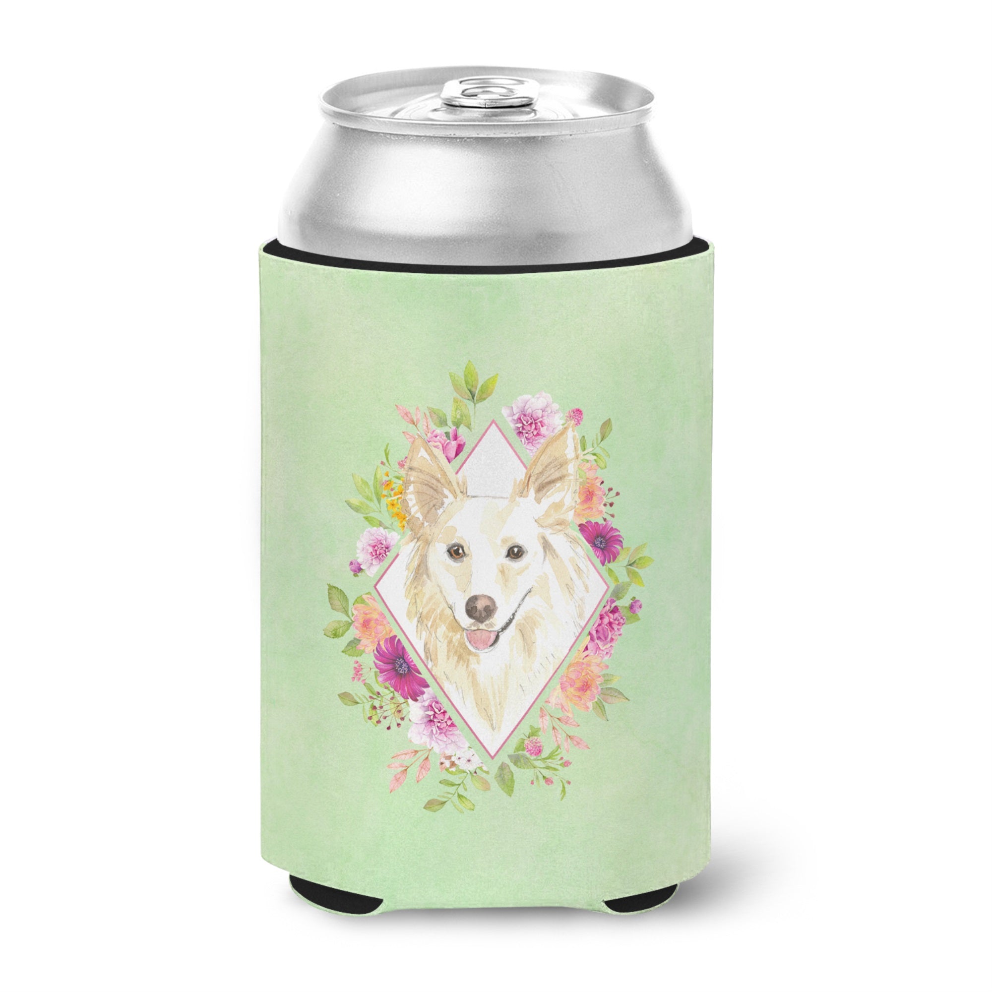 White Collie Green Flowers Can Or Bottle Hugger