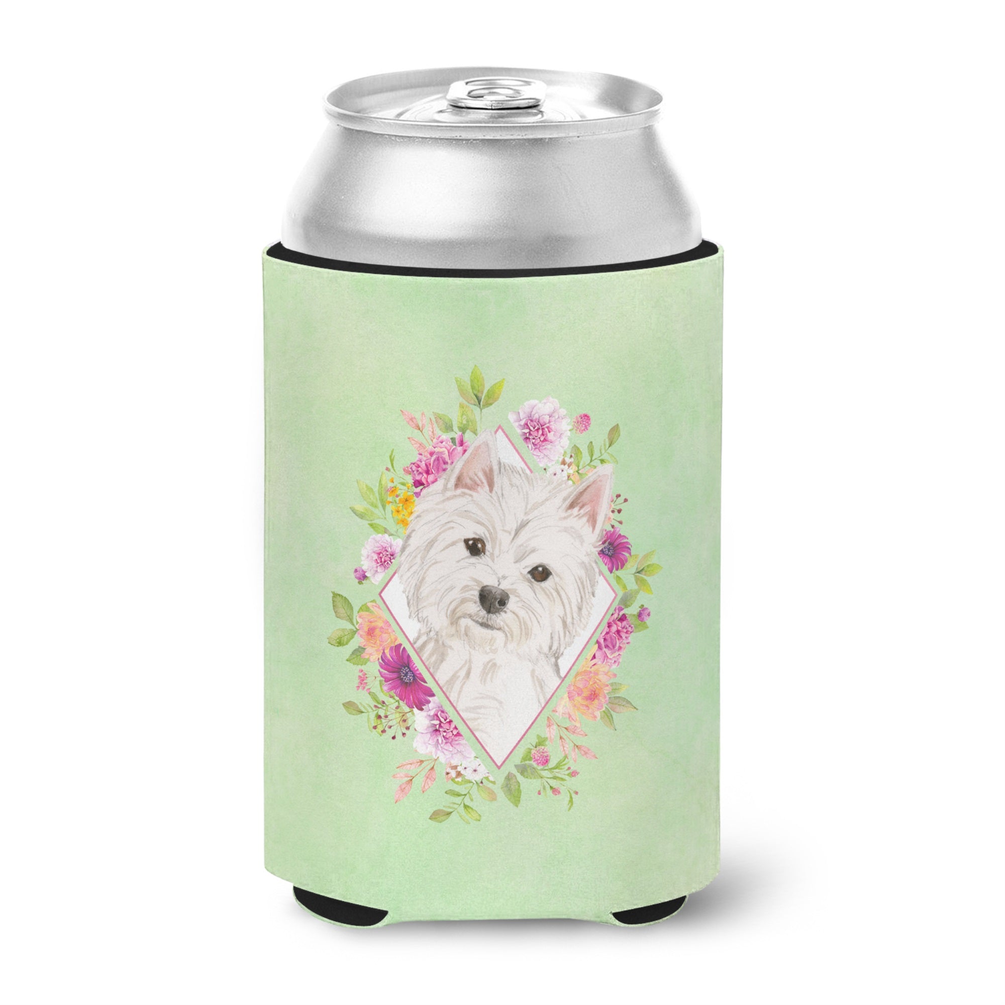 Westie  Green Flowers Can Or Bottle Hugger