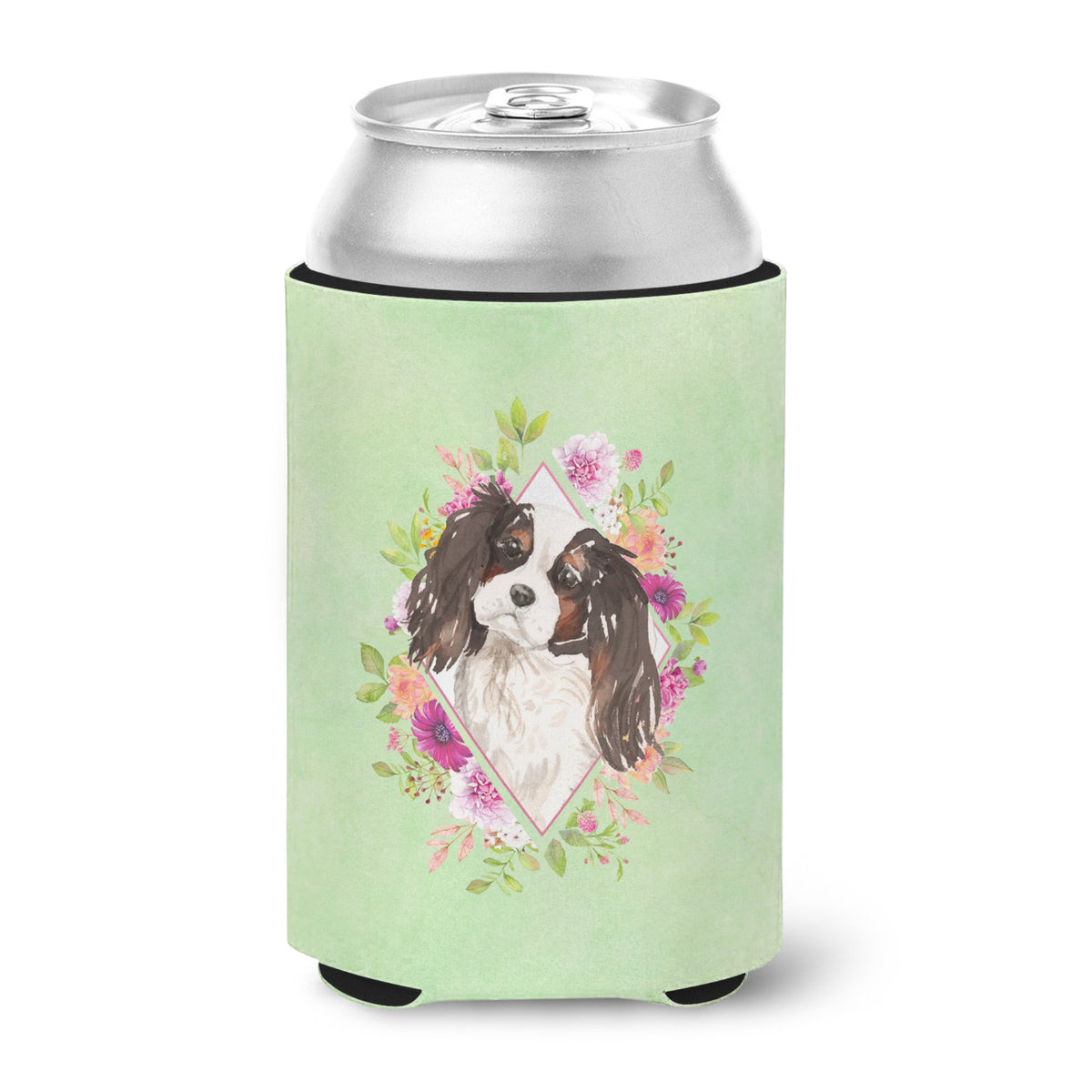 Tricolor Cavalier Spaniel Green Flowers Can Or Bottle Hugger
