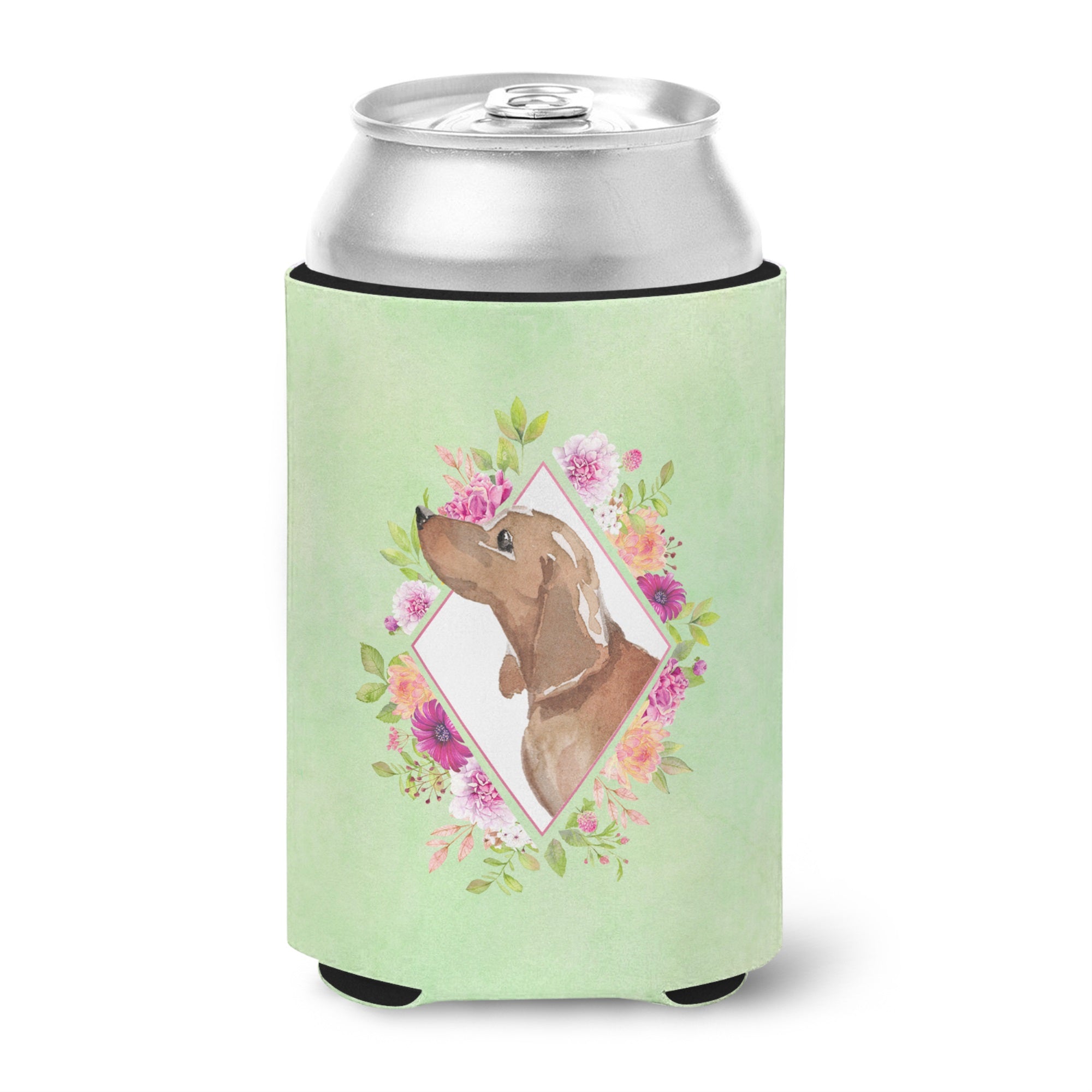 Dachshund Green Flowers Can Or Bottle Hugger