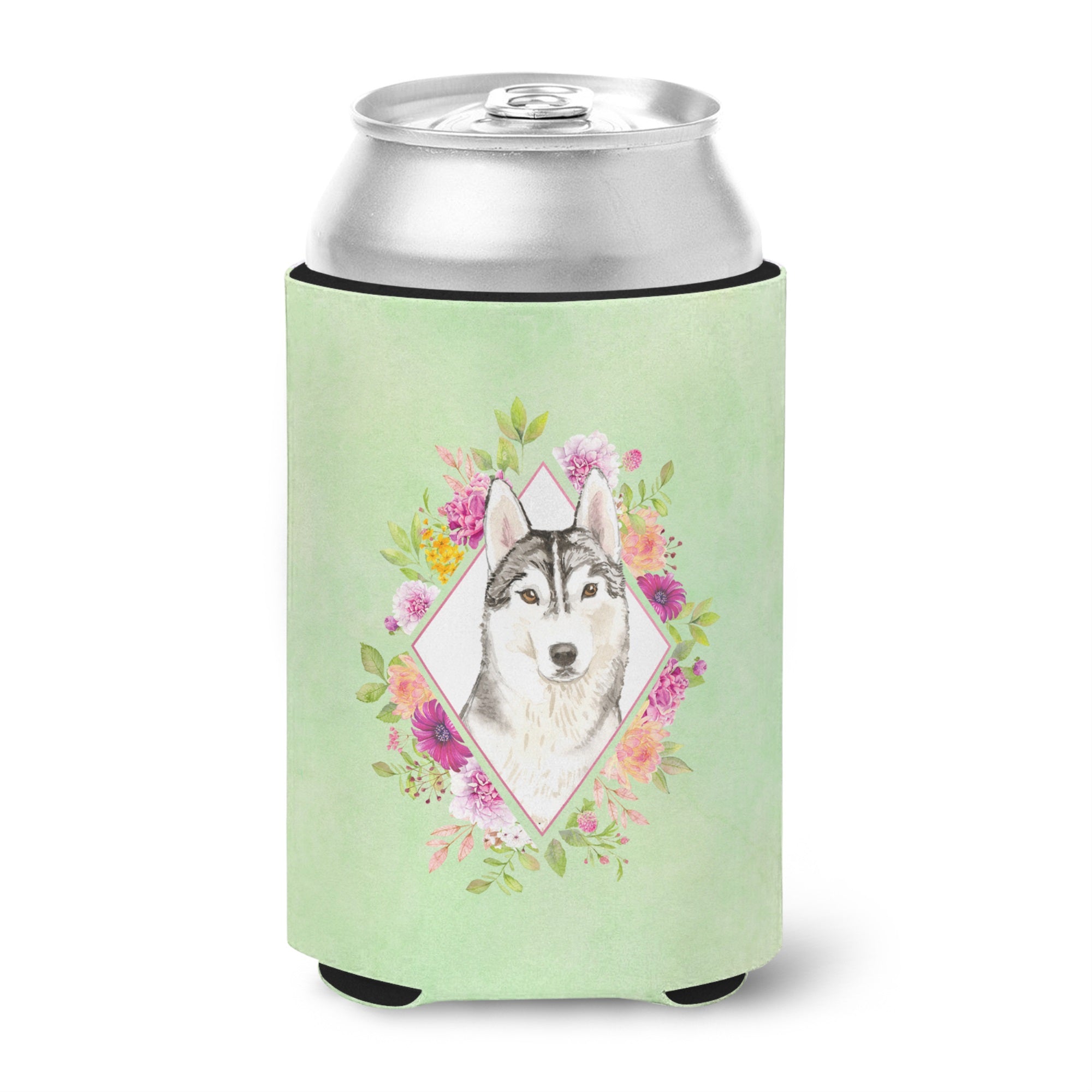 Siberian Husky Green Flowers Can Or Bottle Hugger