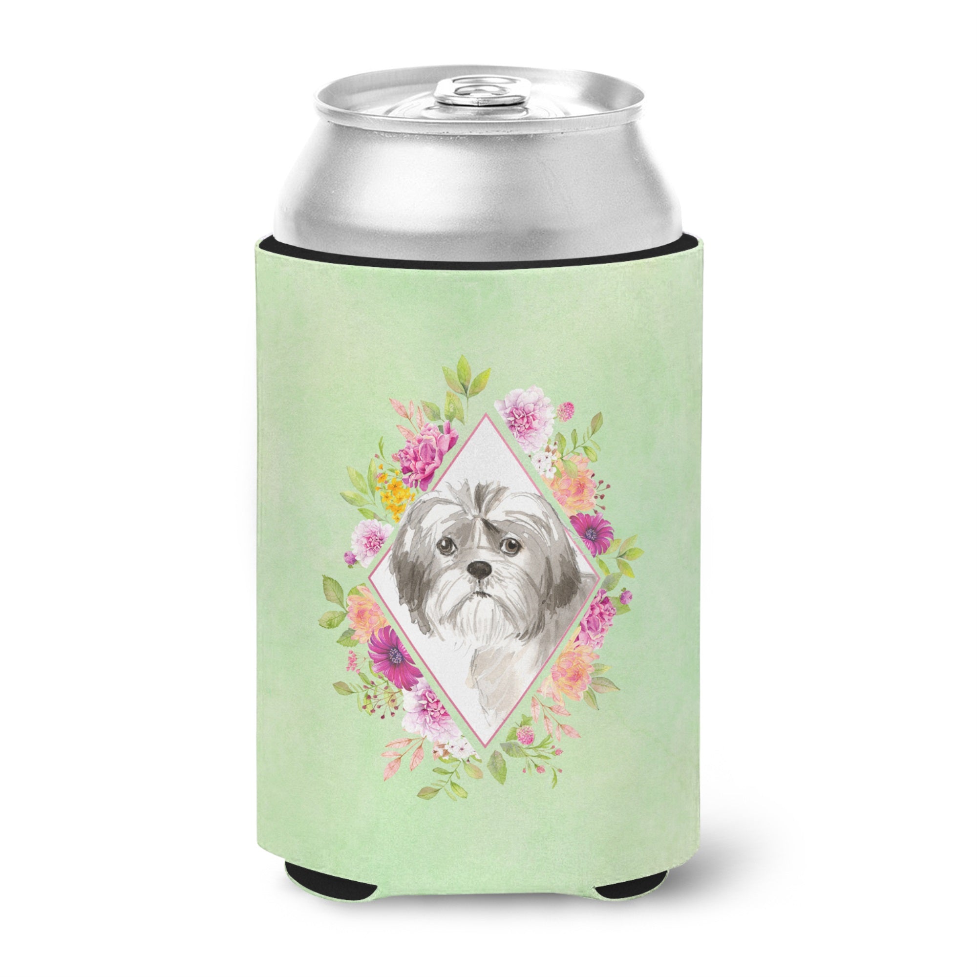 Shih Tzu Puppy Green Flowers Can Or Bottle Hugger