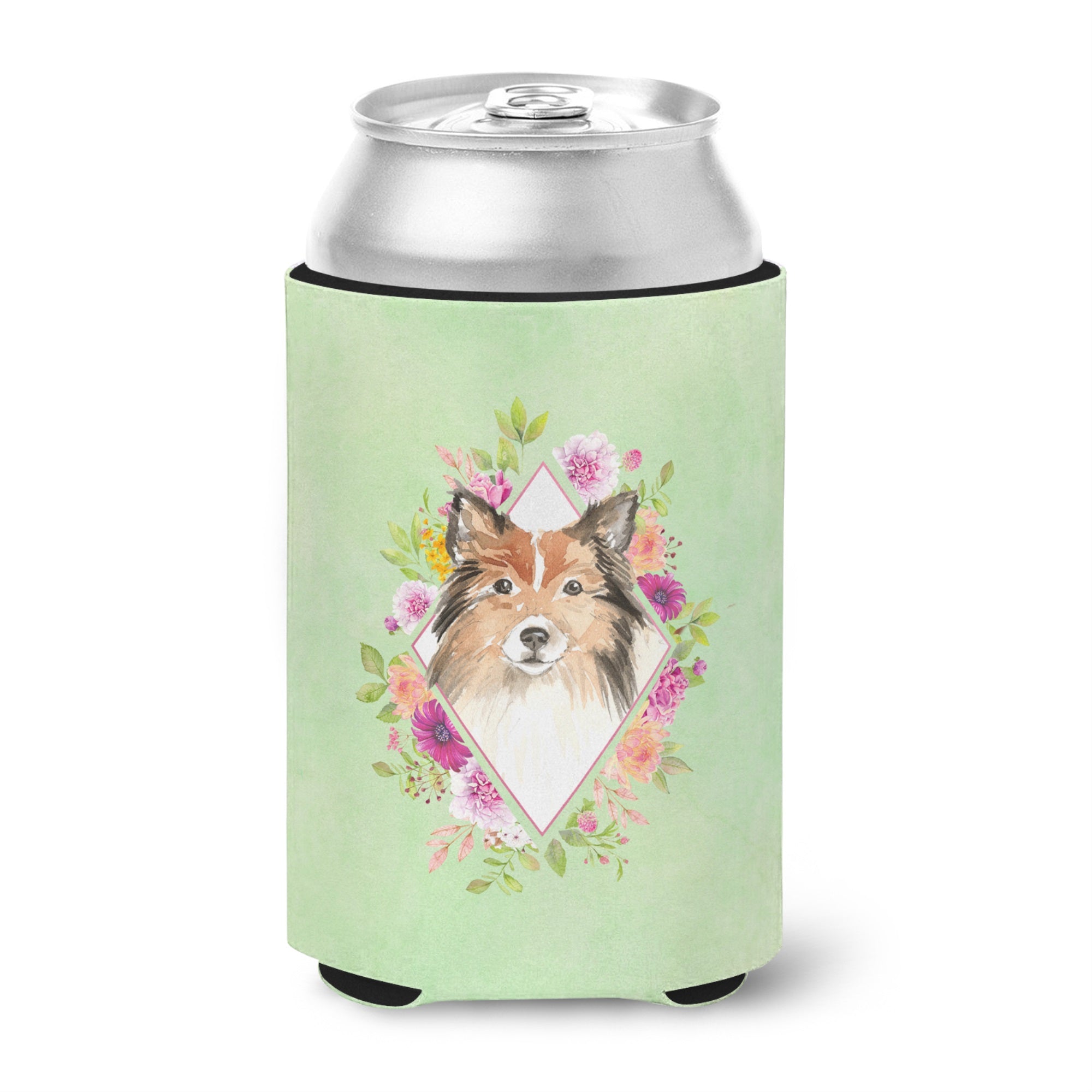 Sheltie Green Flowers Can Or Bottle Hugger