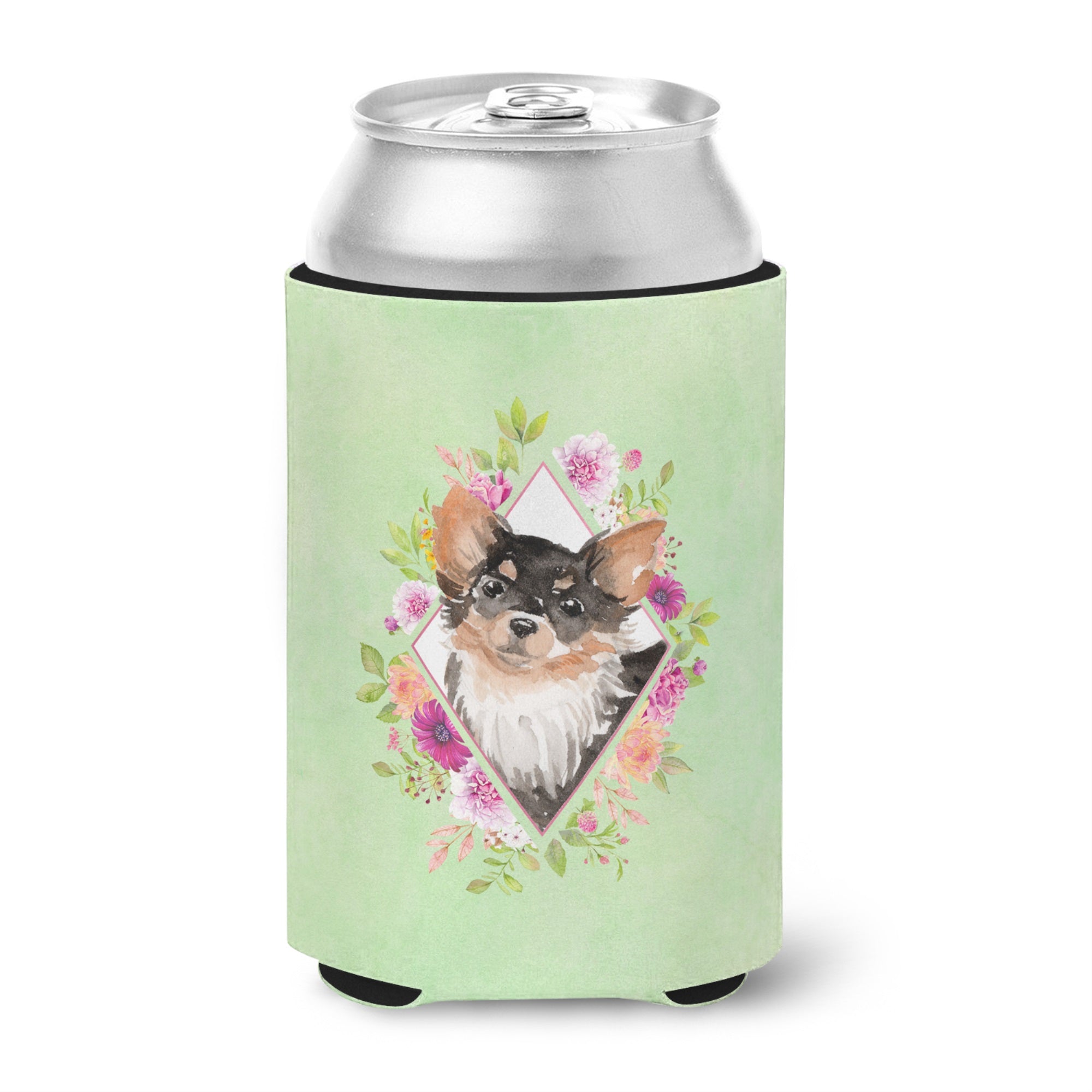 Longhaired Chihuahua Green Flowers Can Or Bottle Hugger