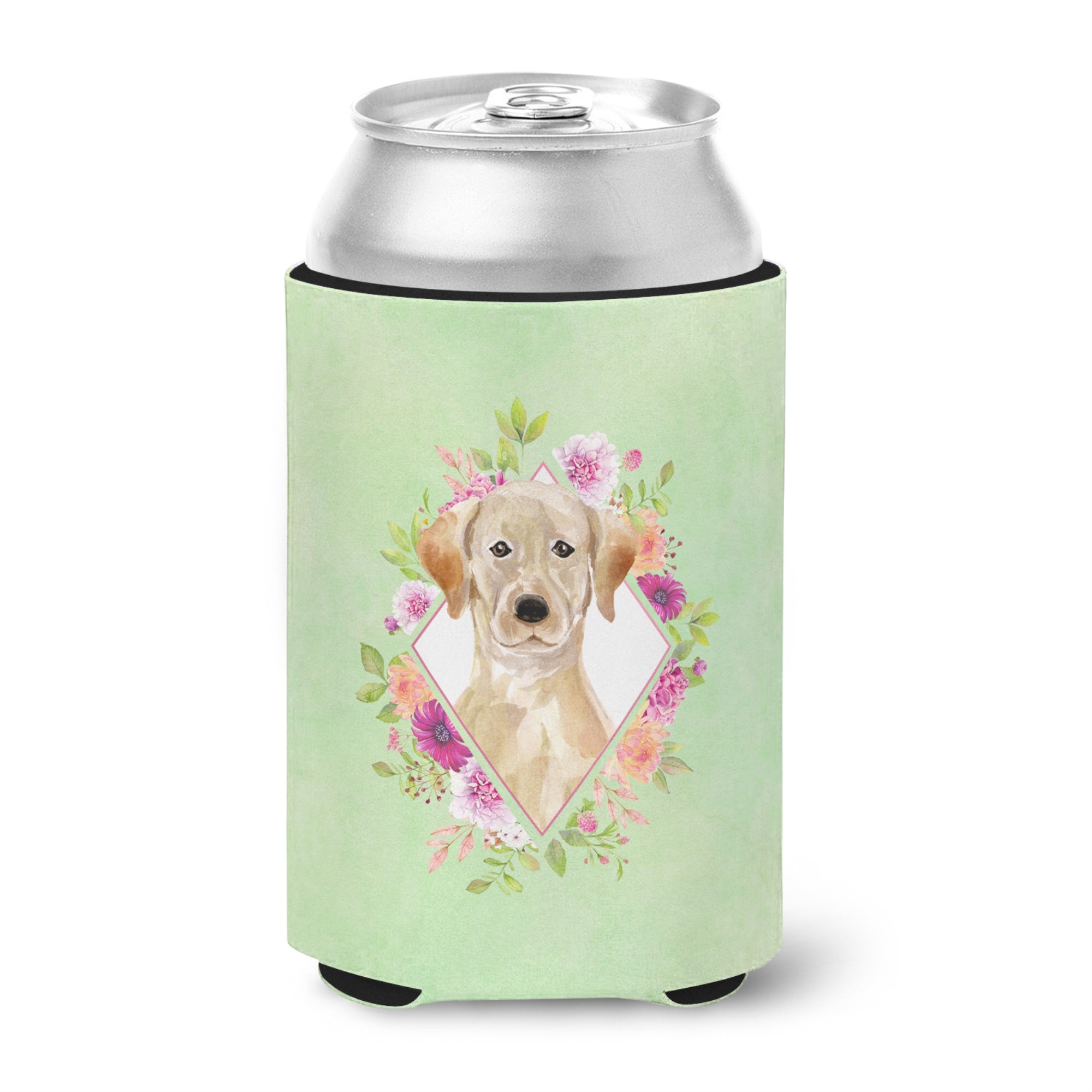 Yellow Lab Green Flowers Can Or Bottle Hugger
