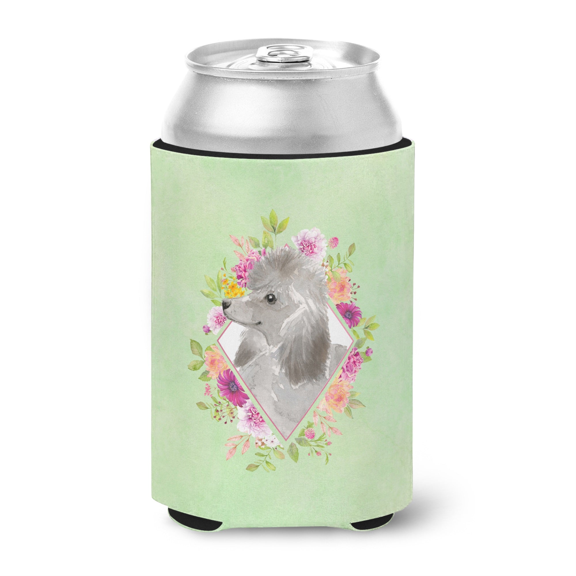 Grey Standard Poodle Green Flowers Can Or Bottle Hugger