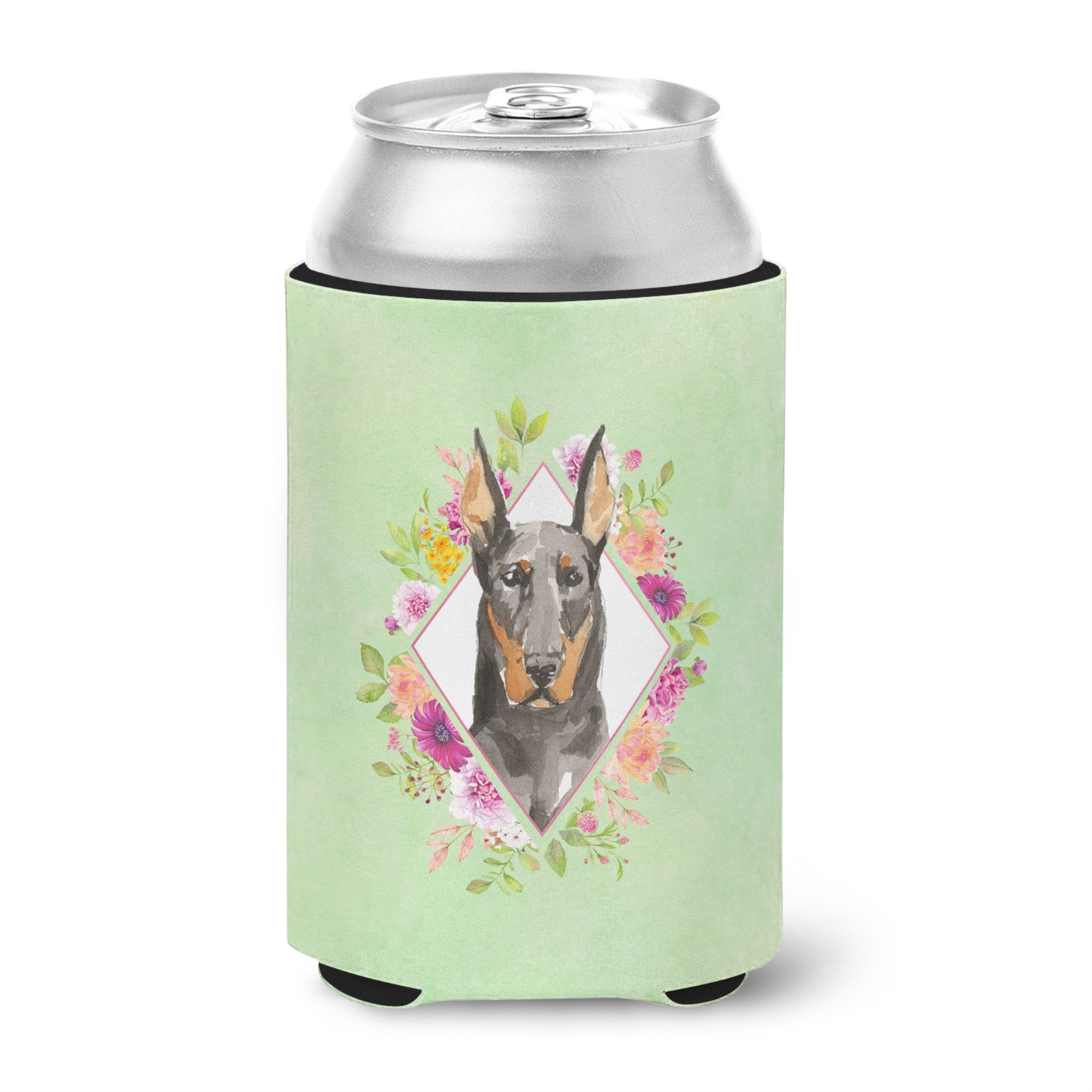 Doberman Pinsher Green Flowers Can Or Bottle Hugger