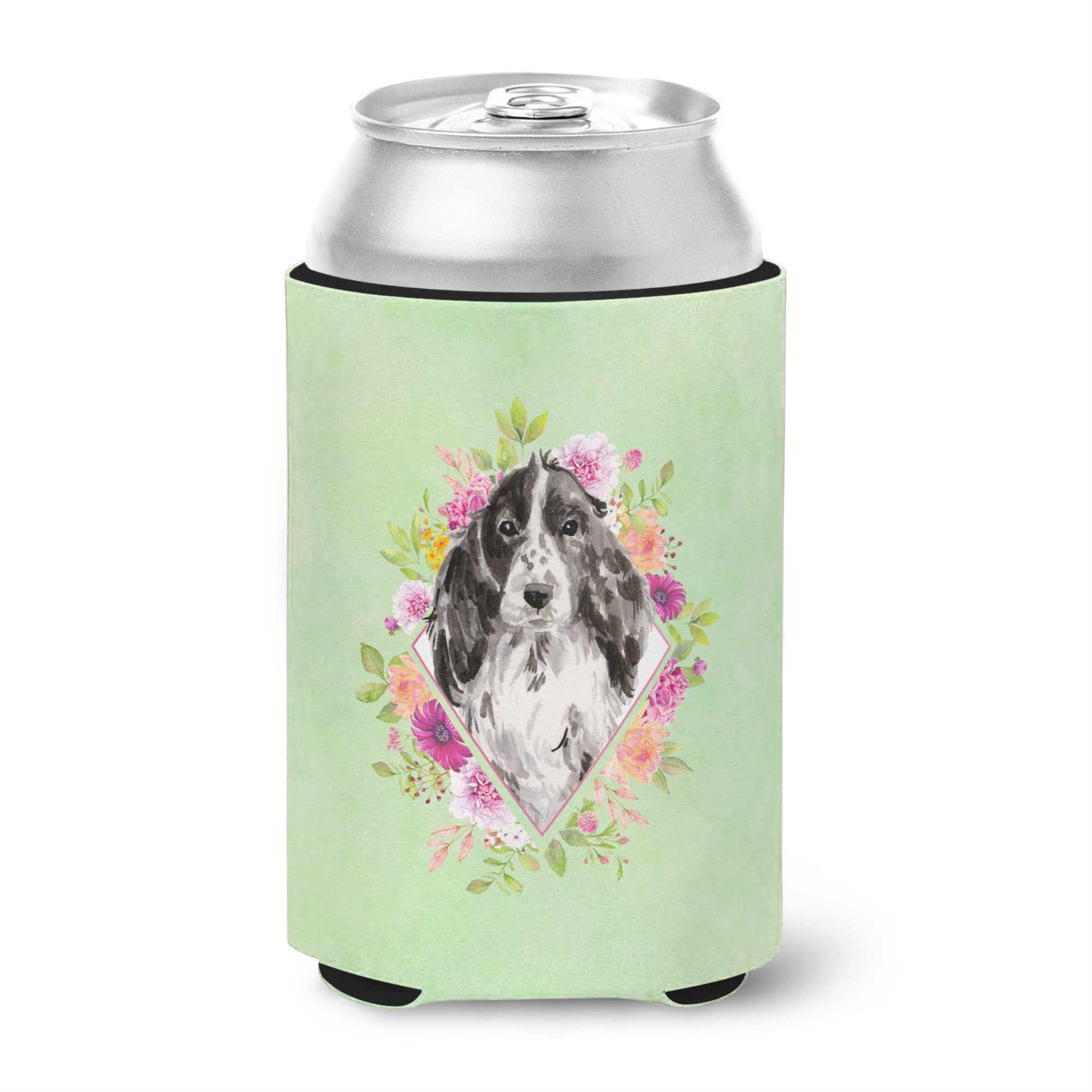 Black Parti Cocker Spaniel Green Flowers Can Or Bottle Hugger