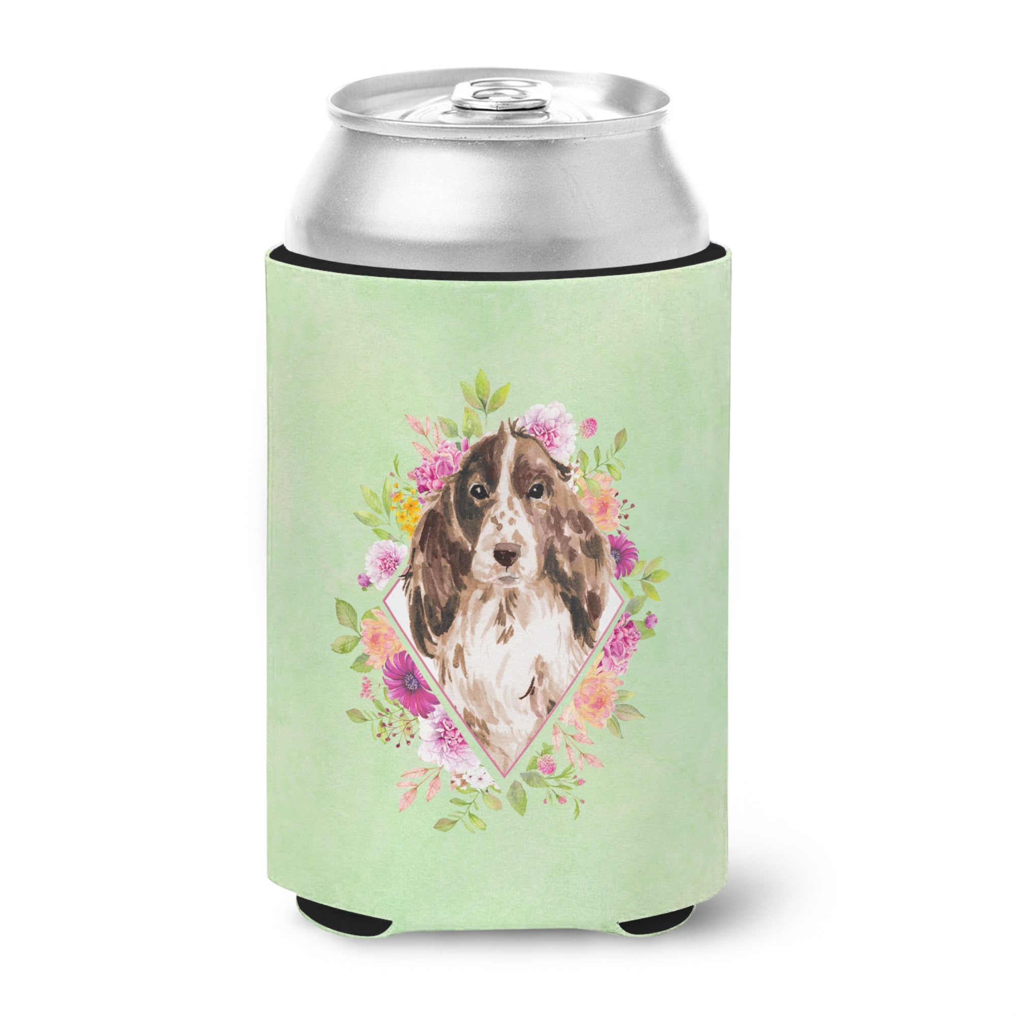 Brown Parti Cocker Spaniel Green Flowers Can Or Bottle Hugger