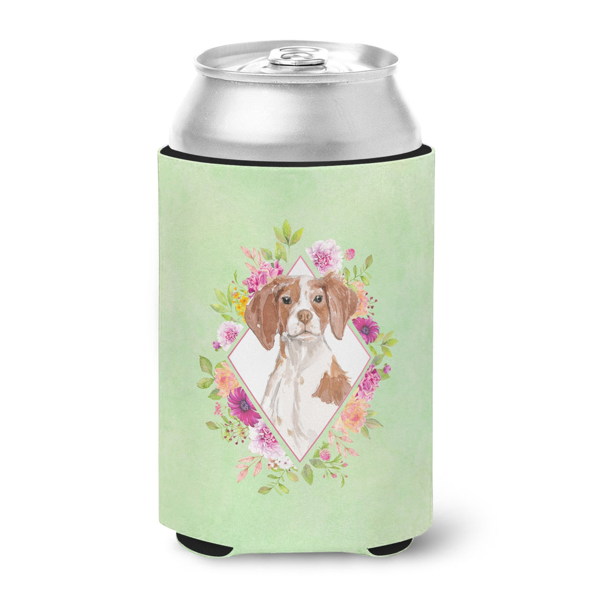 Brittany Spaniel Green Flowers Can Or Bottle Hugger