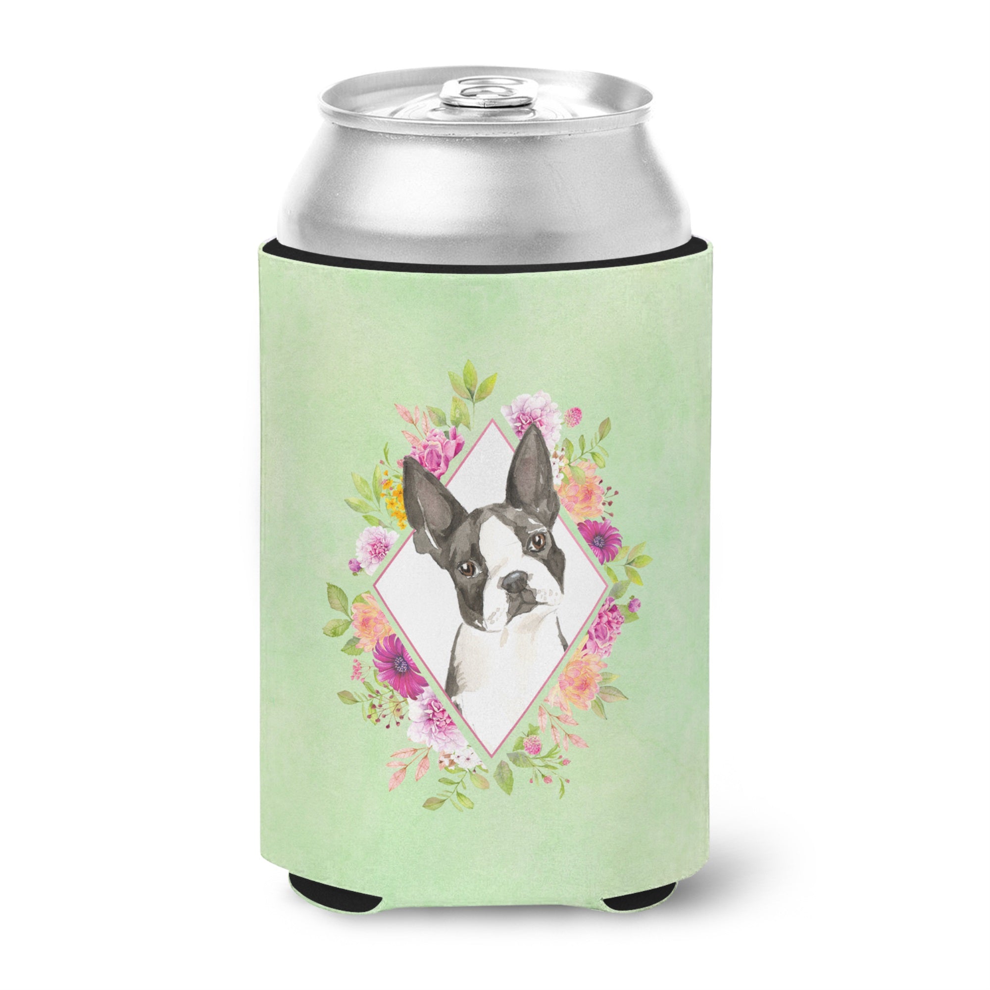 Boston Terrier Green Flowers Can Or Bottle Hugger