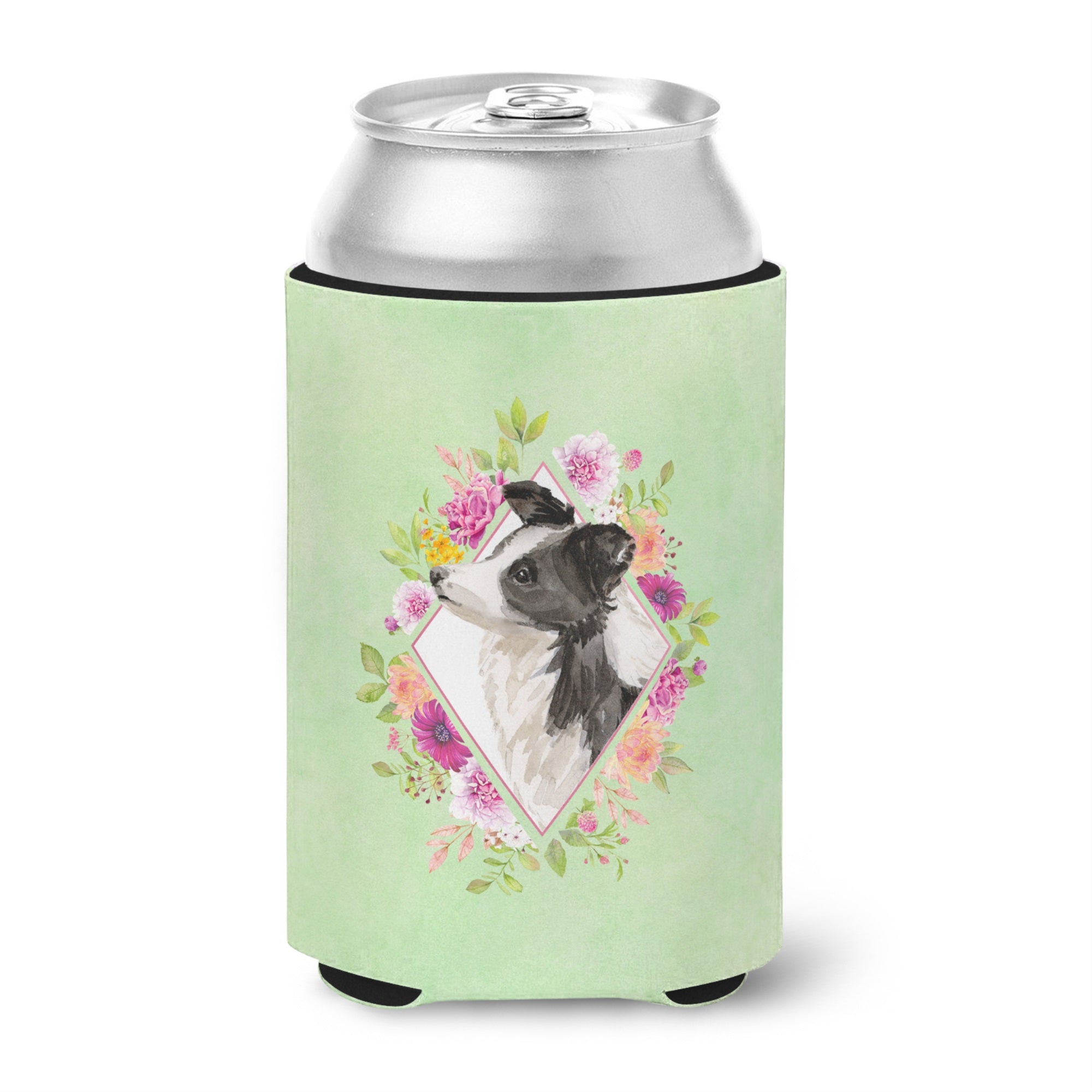 Border Collie Green Flowers Can Or Bottle Hugger