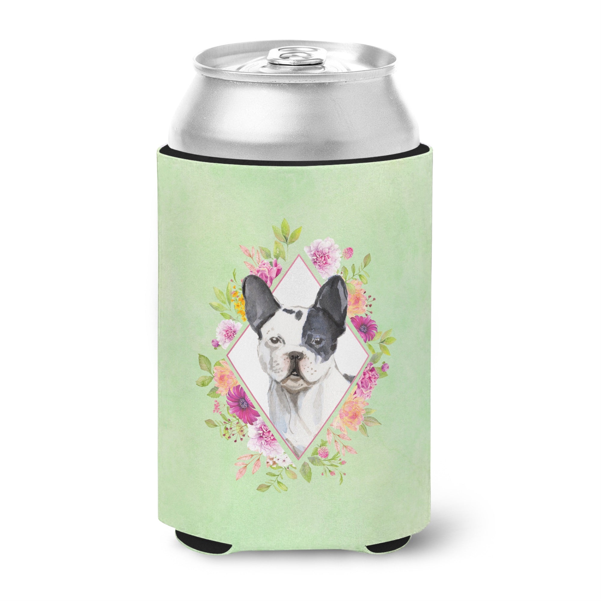 Black And White Frenchie Green Flowers Can Or Bottle Hugger