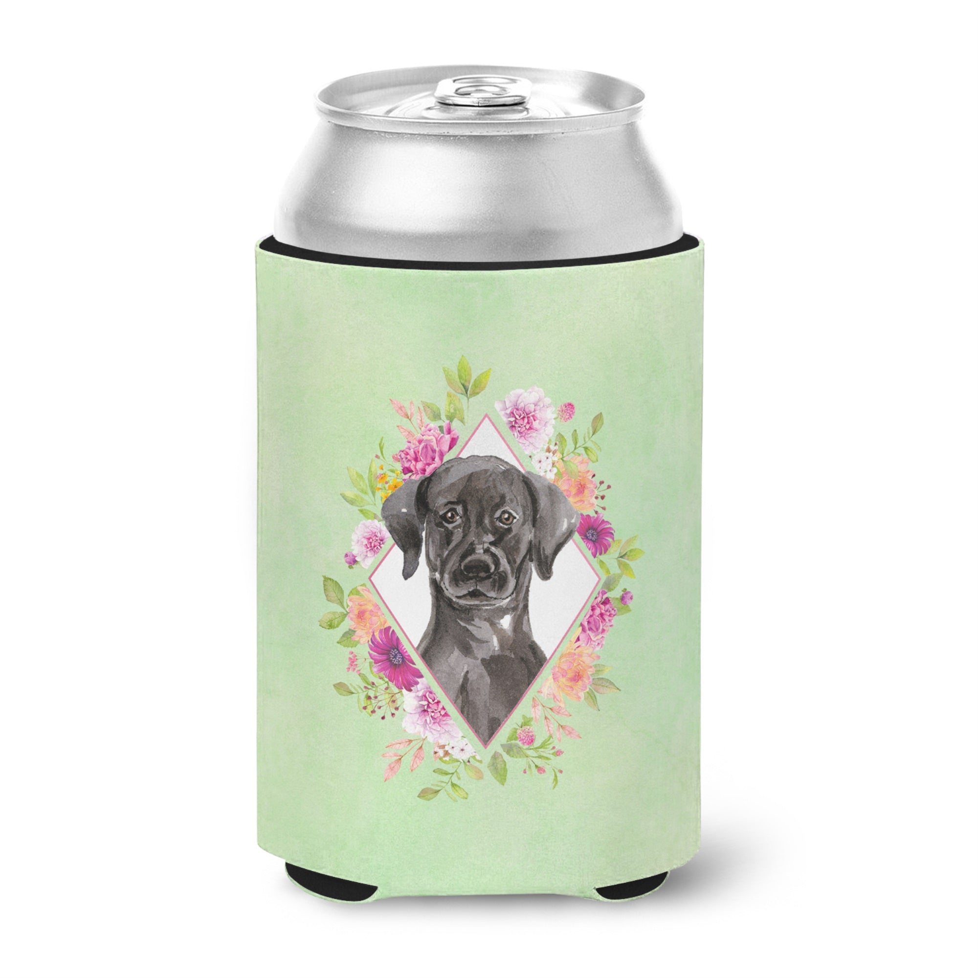 Black Labrador Green Flowers Can Or Bottle Hugger