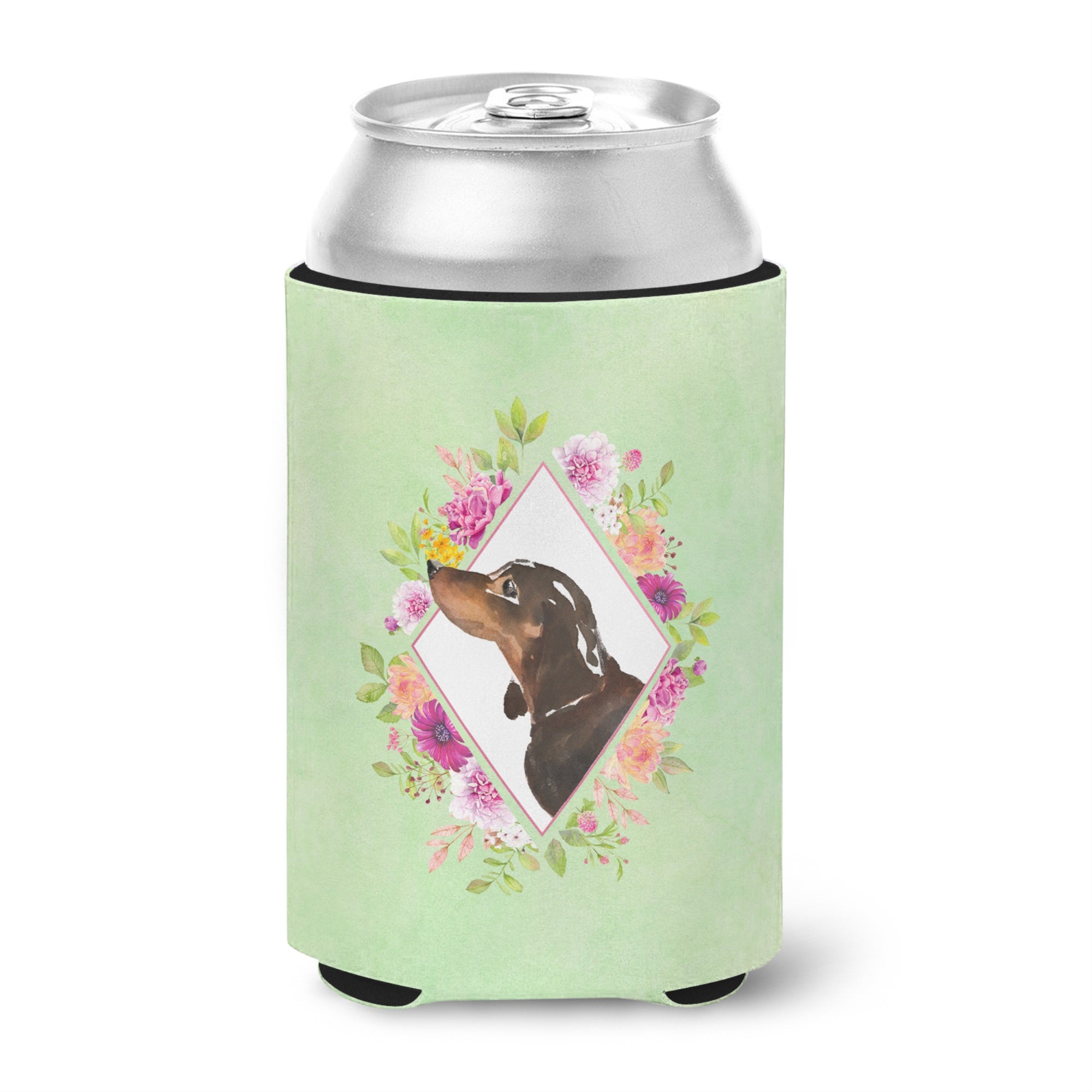Black And Tan Dachshund Green Flowers Can Or Bottle Hugger
