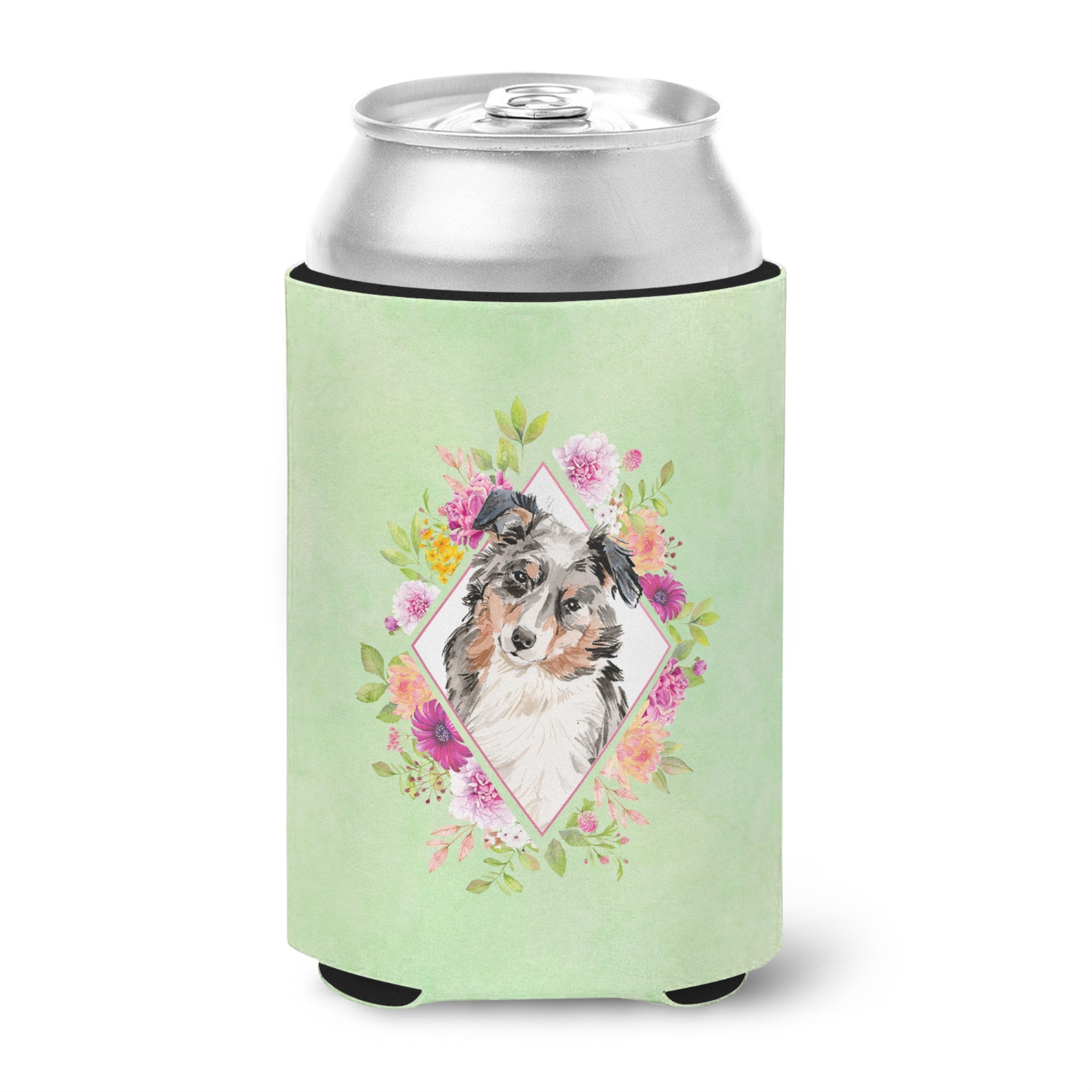 Australian Shepherd Green Flowers Can Or Bottle Hugger