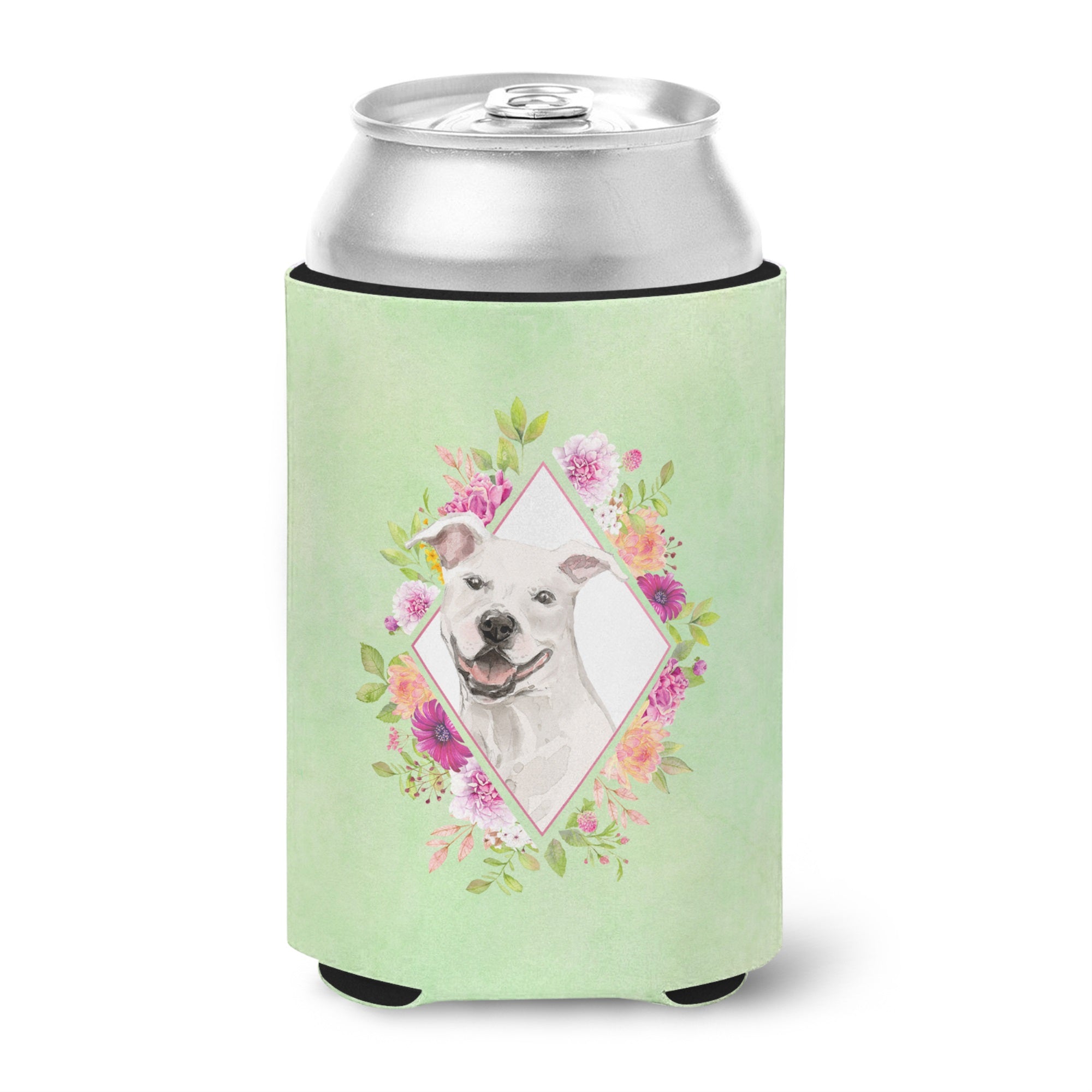 White Pit Bull Terrier Green Flowers Can Or Bottle Hugger