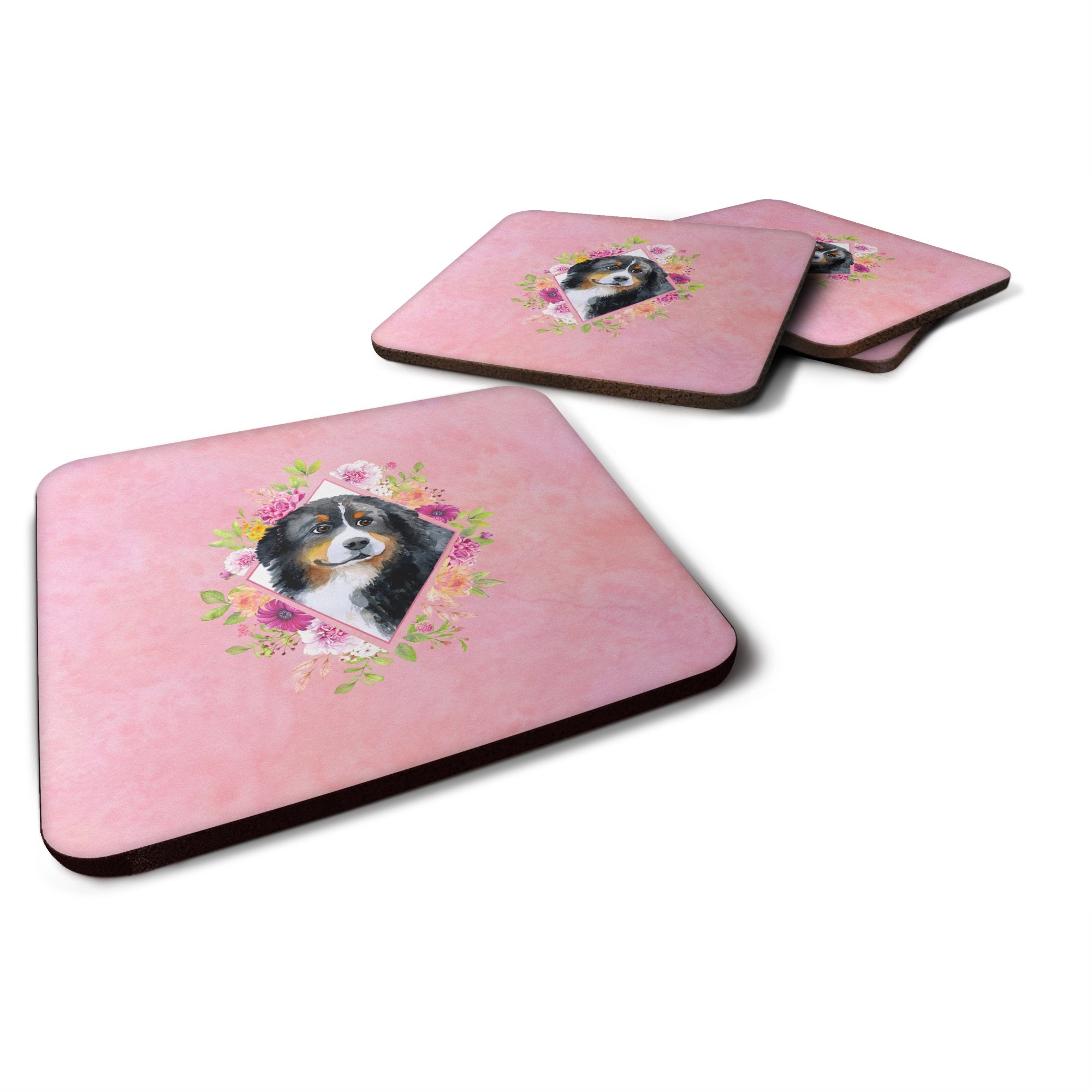 Bernese Mountain Dog Pink Flowers Foam Coaster Set Of 4