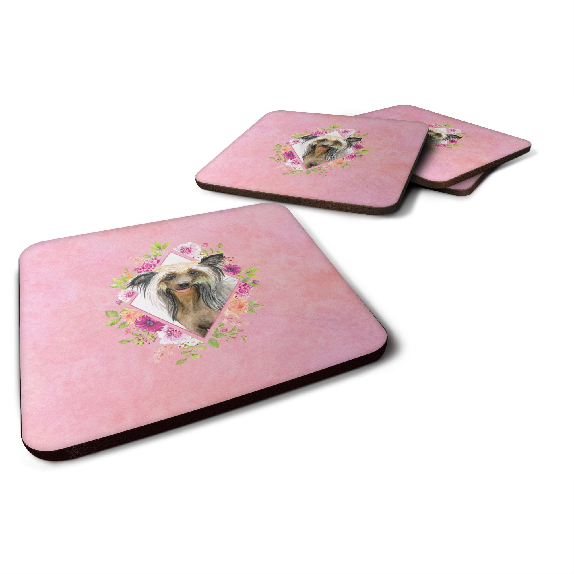 Chinese Crested Pink Flowers Foam Coaster Set Of 4