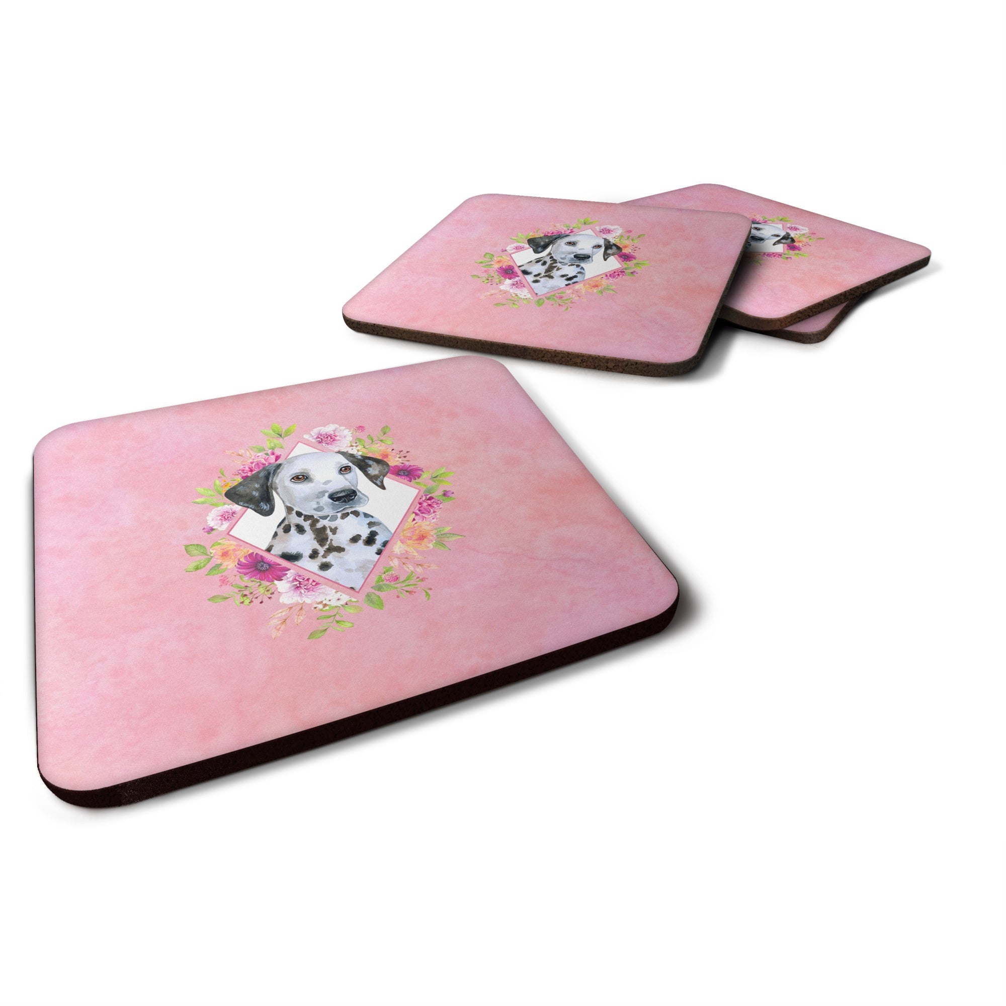 Dalmatian Puppy Pink Flowers Foam Coaster Set Of 4