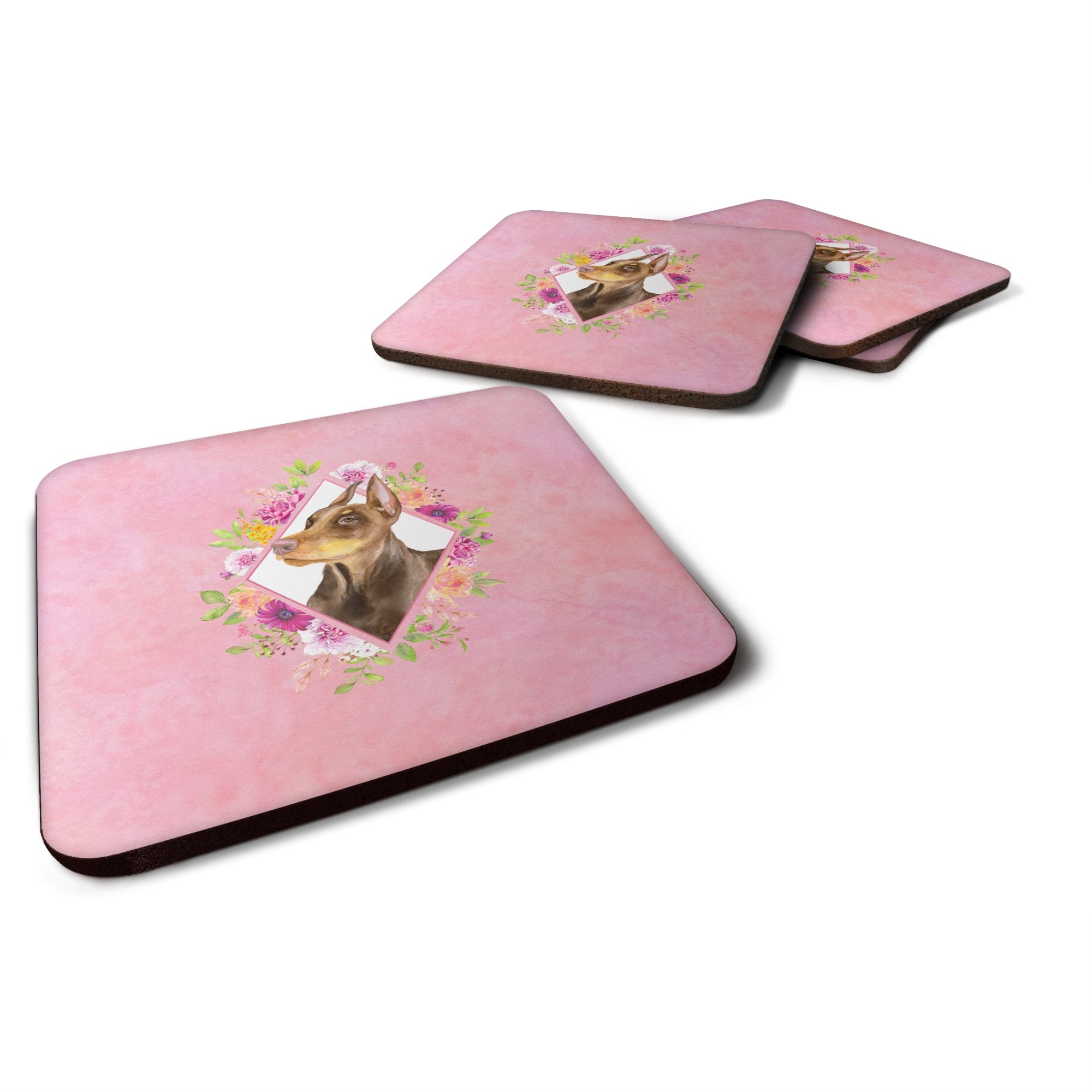 Doberman Pinscher Pink Flowers Foam Coaster Set Of 4