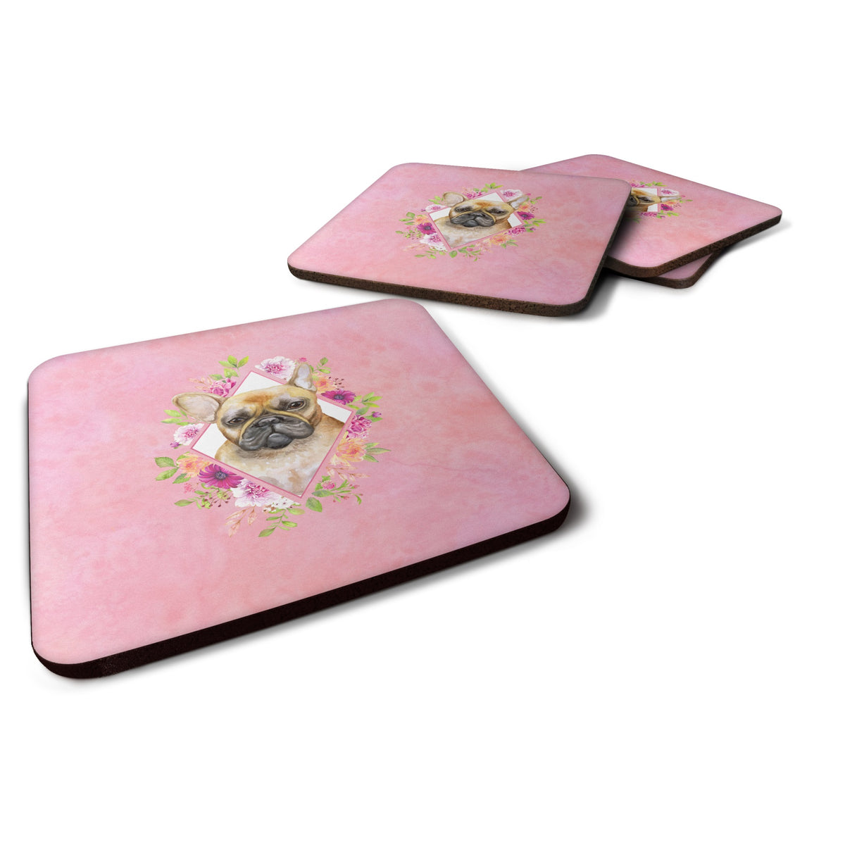 Fawn French Bulldog Pink Flowers Foam Coaster Set Of 4