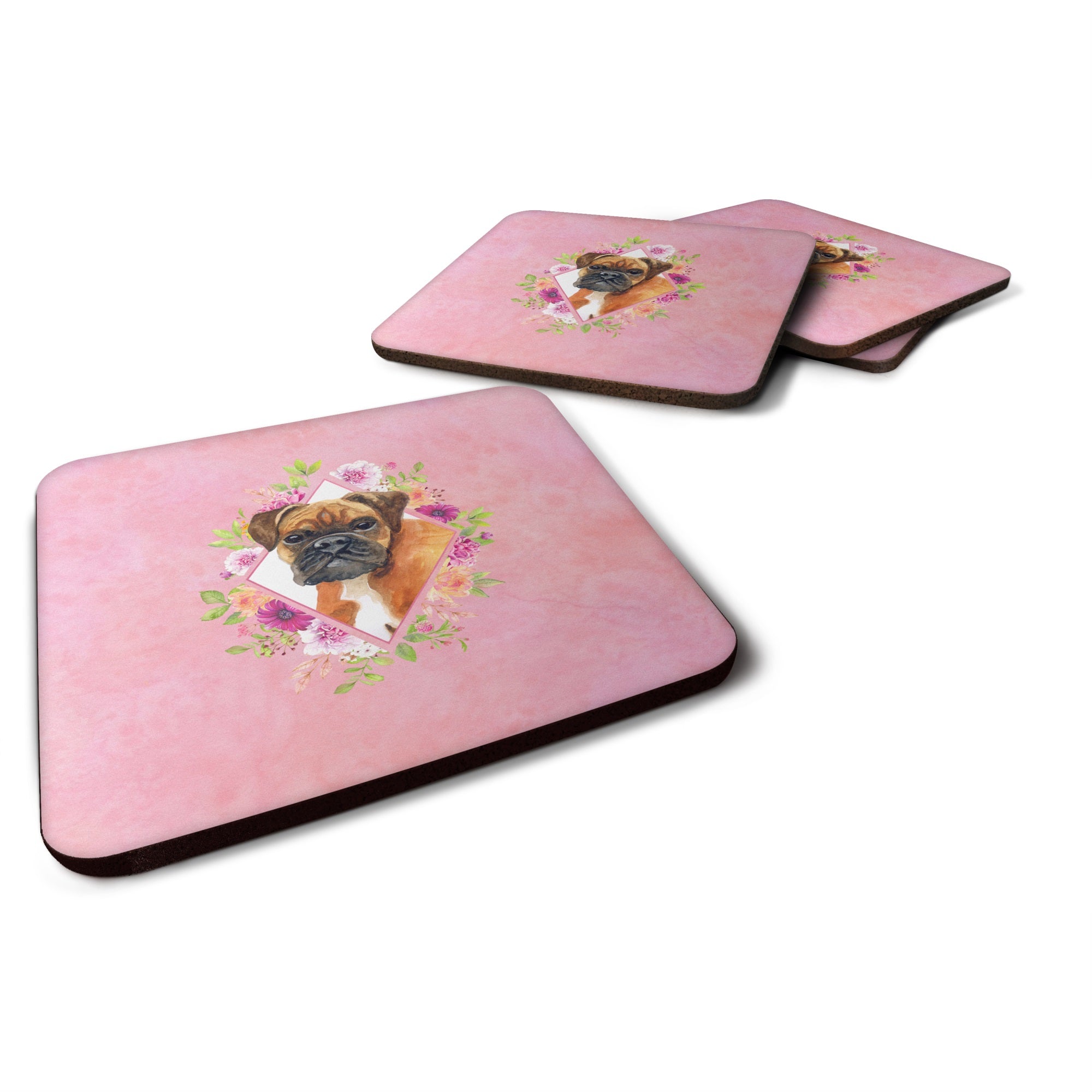 German Boxer Pink Flowers Foam Coaster Set Of 4