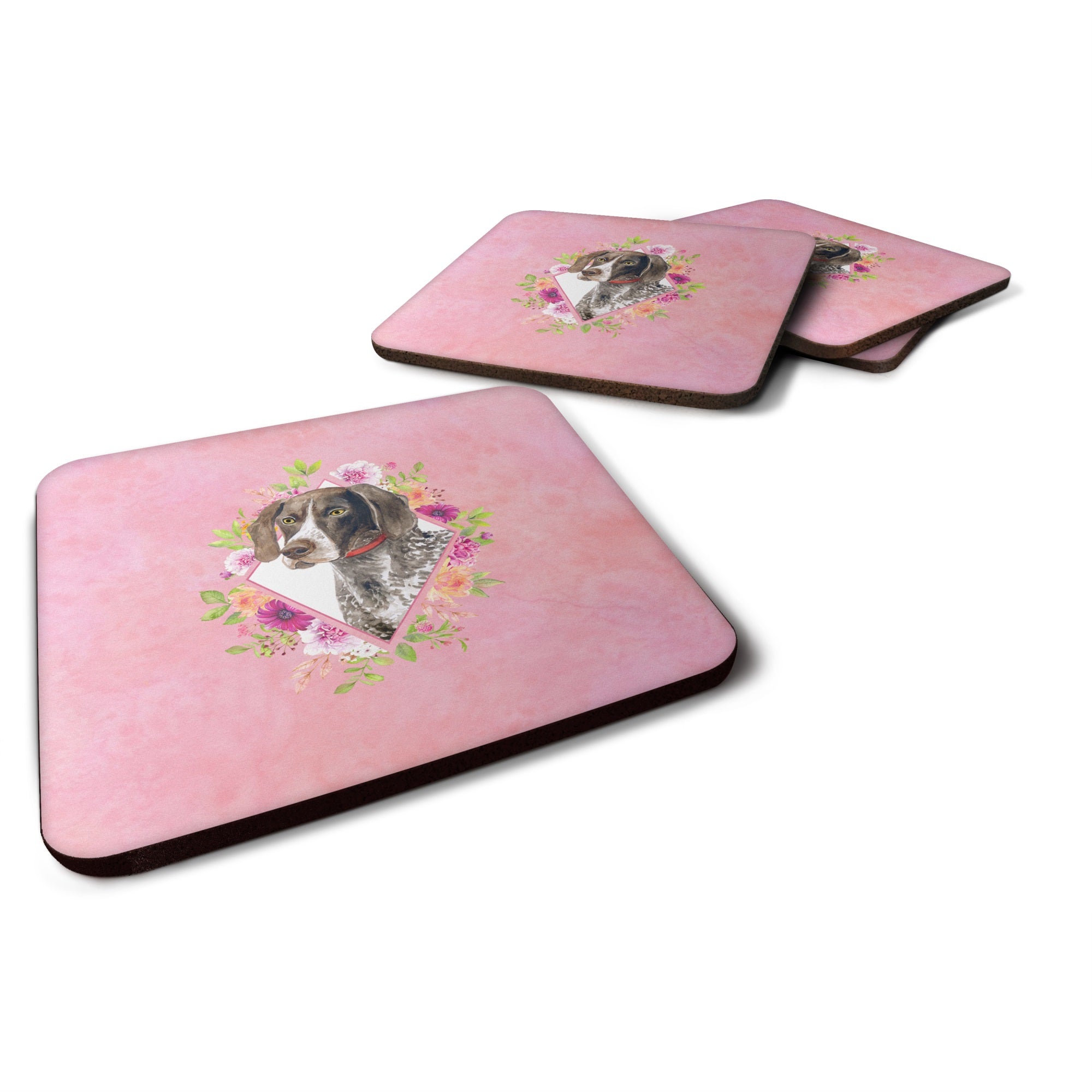 German Shorthaired Pointer Pink Flowers Foam Coaster Set Of 4