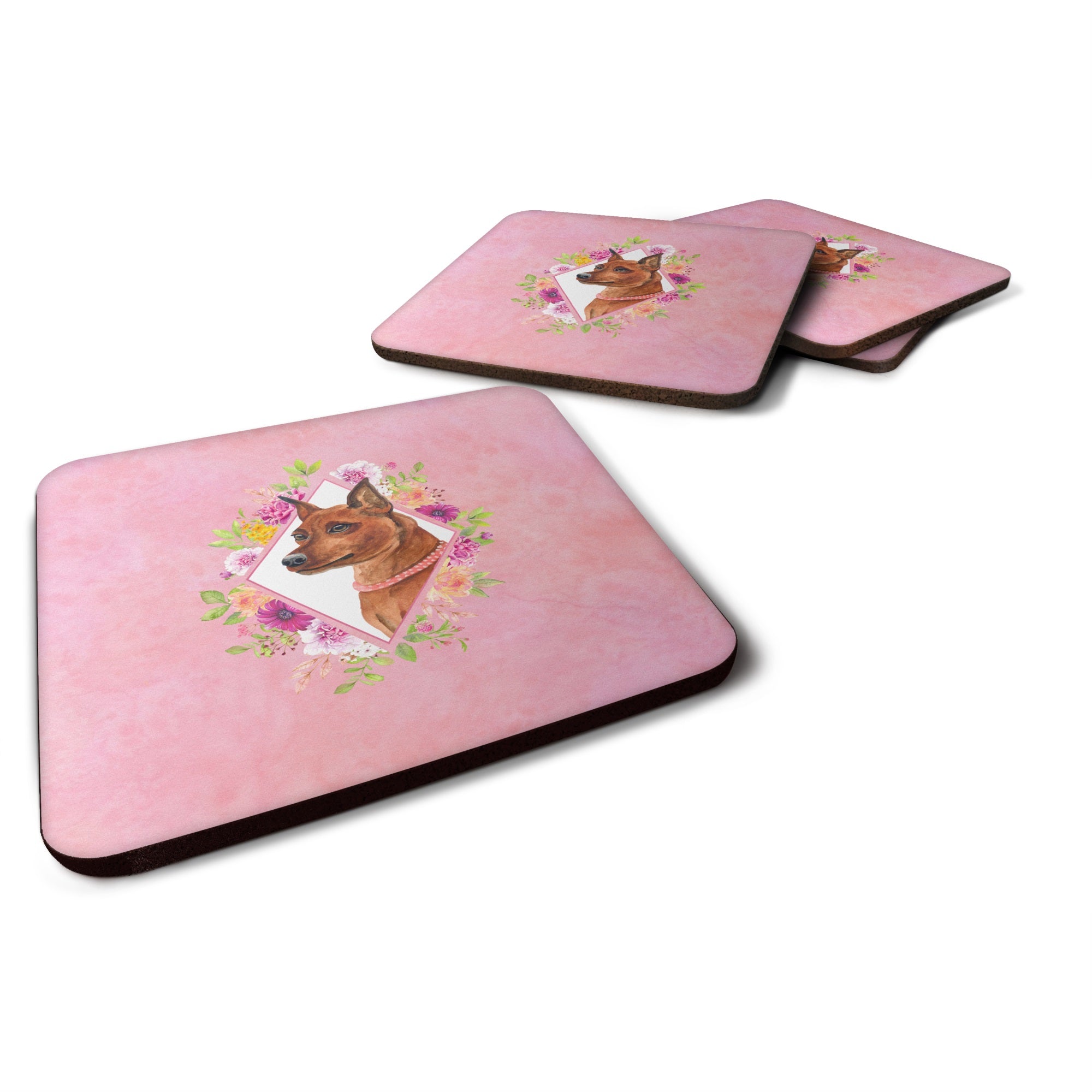 Miniature Pinscher Pink Flowers Foam Coaster Set Of 4